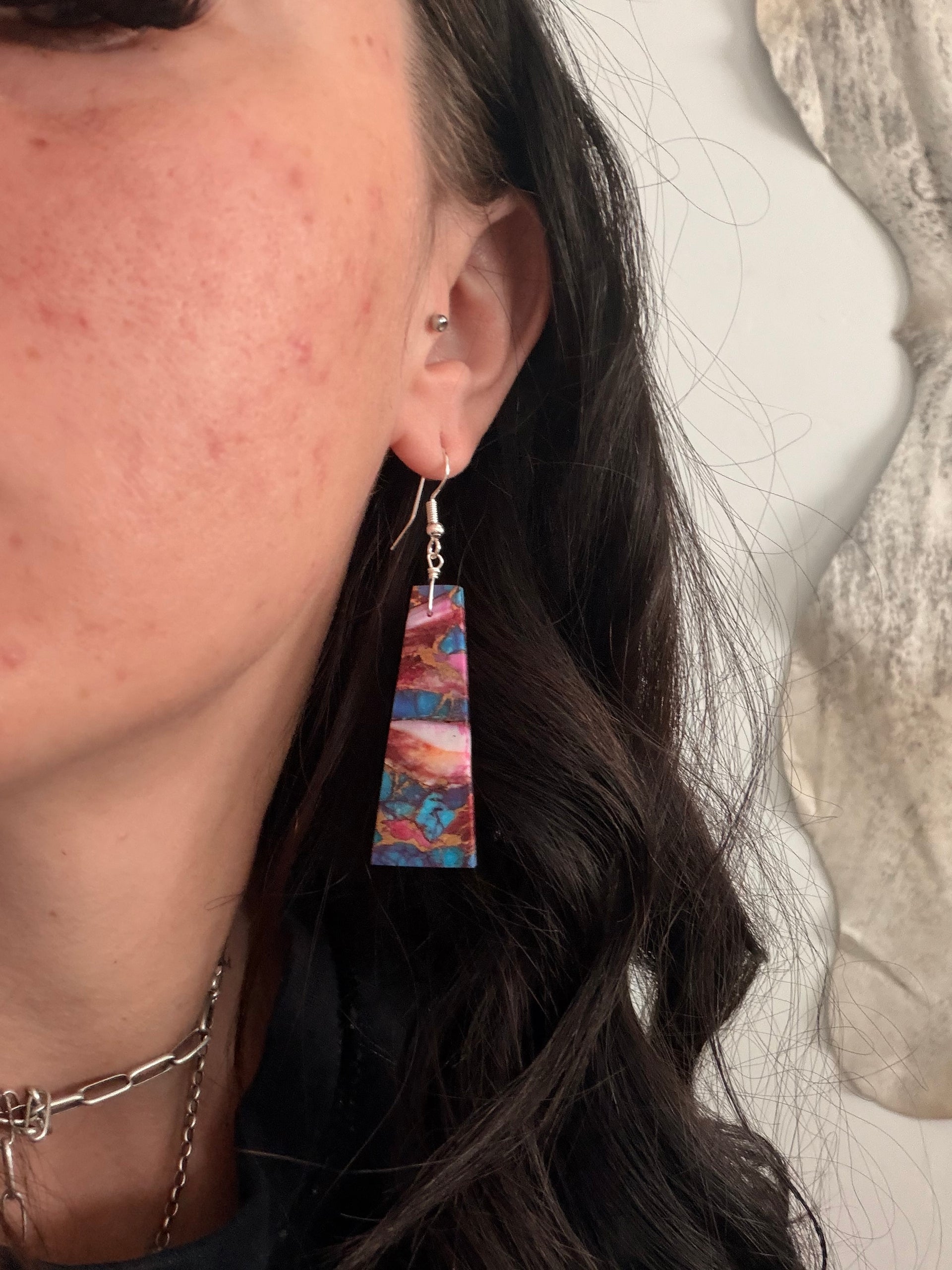 Navajo Made Purple/Pink Mohave Turquoise & Sterling Silver Slab Dangle Earrings