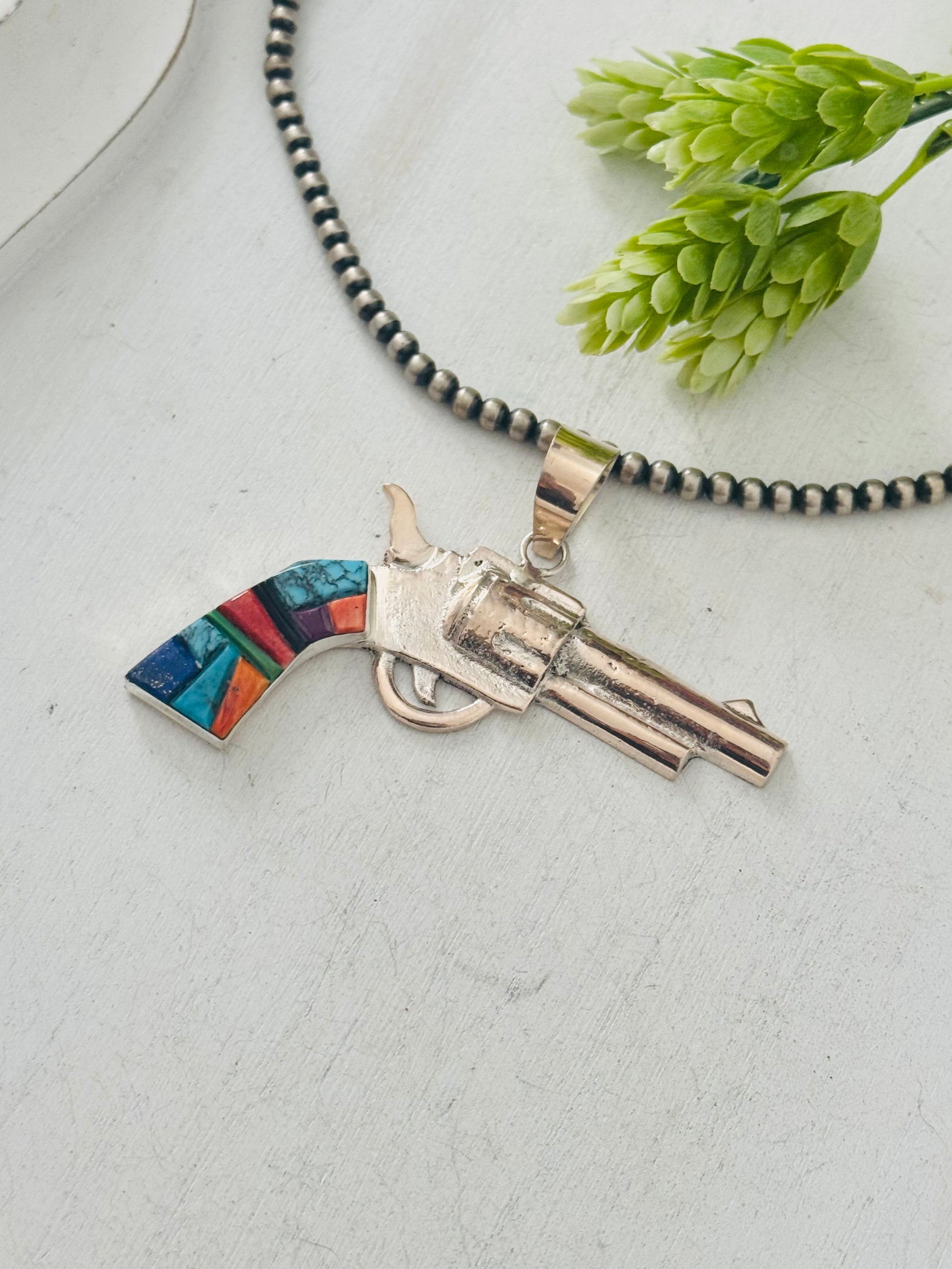Bobby Mannelito Multi Stone & Sterling Silver Pistol Pendant