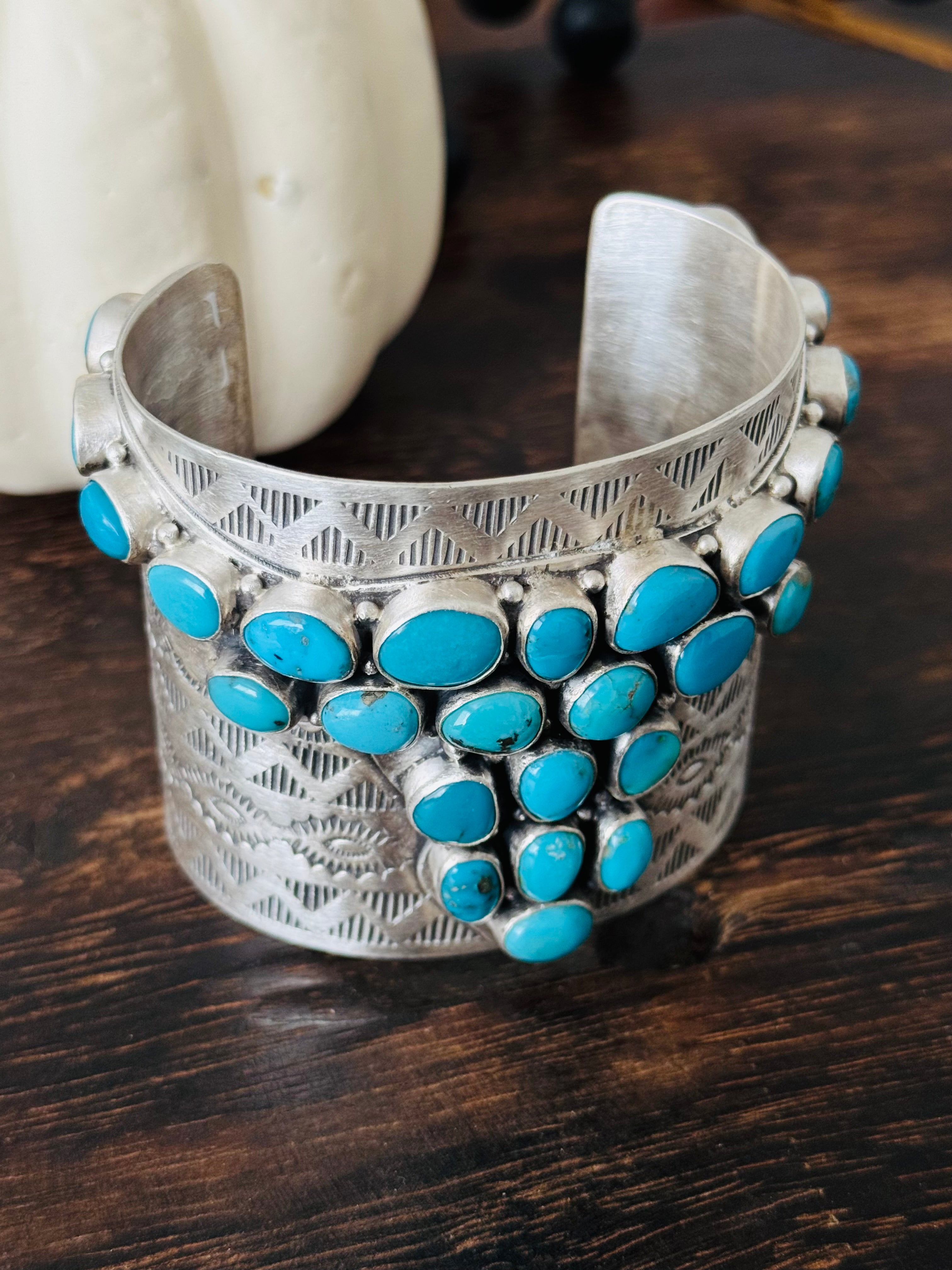 Navajo Made Kingman Turquoise & Sterling Silver Bull Cluster Cuff Bracelet