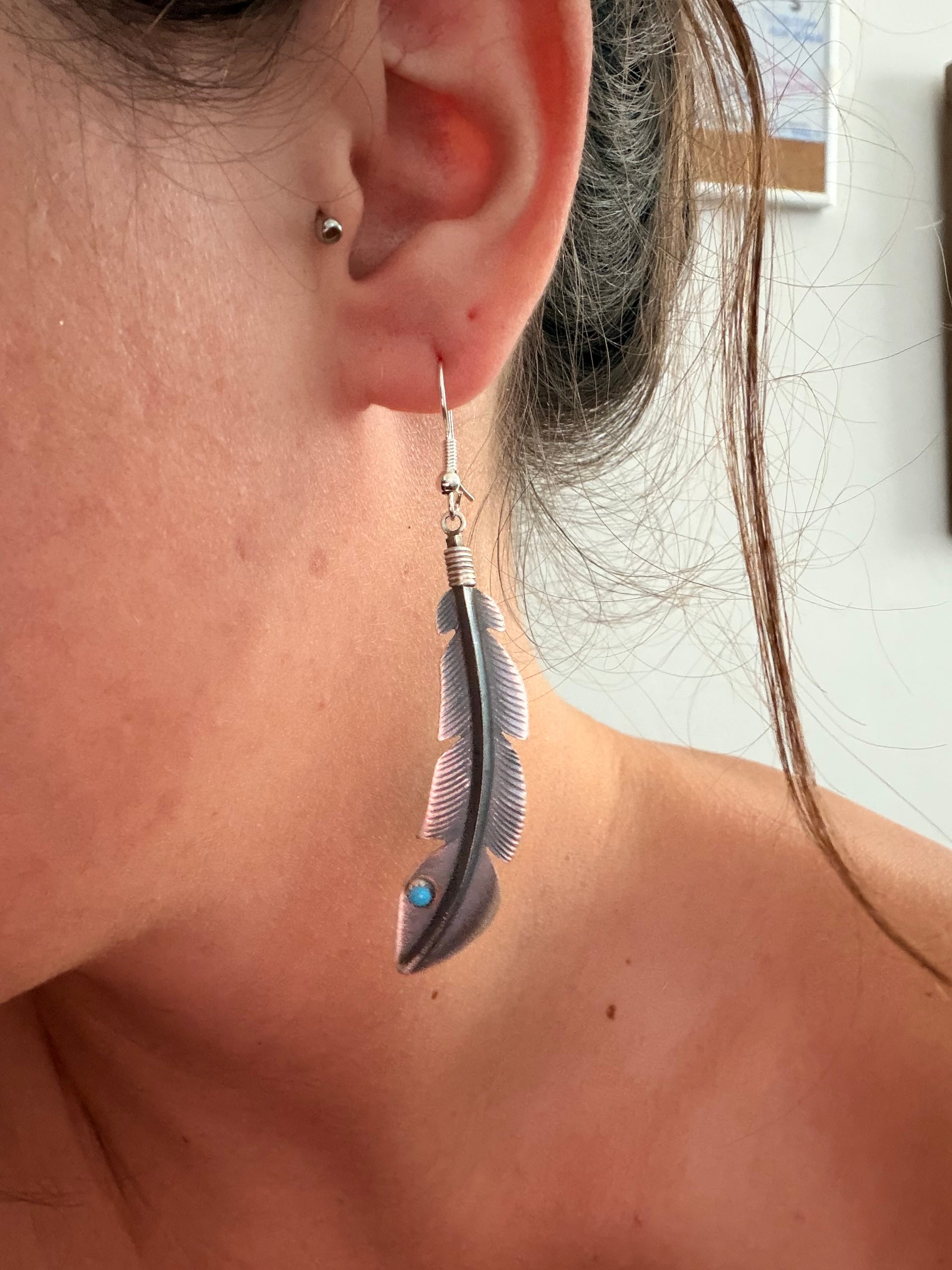 Billy Long Kingman Turquoise & Sterling Silver Dangle Feather Earrings