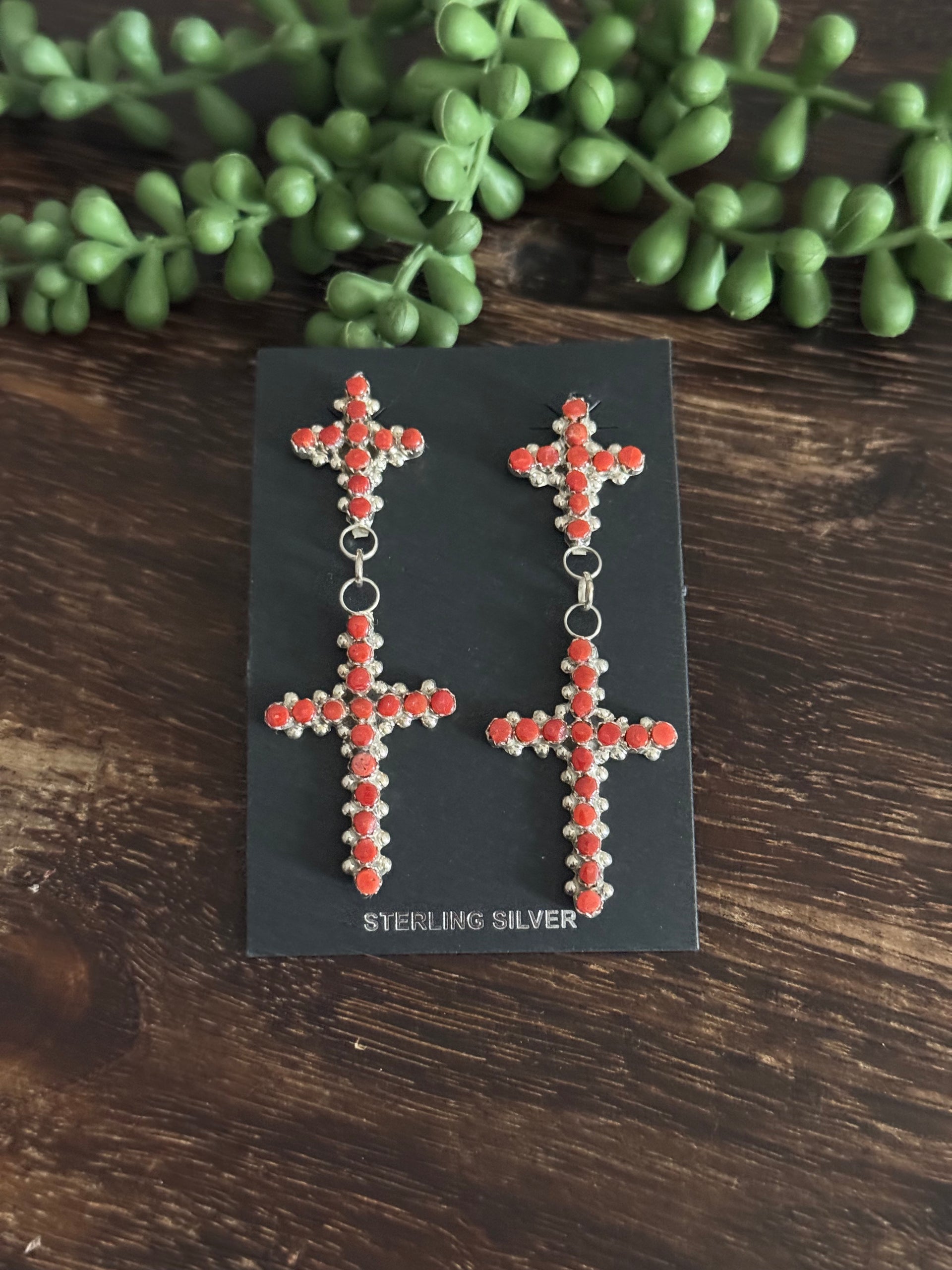 Zuni Made Red Coral & Sterling Silver Post Dangle Cluster Cross Earrings