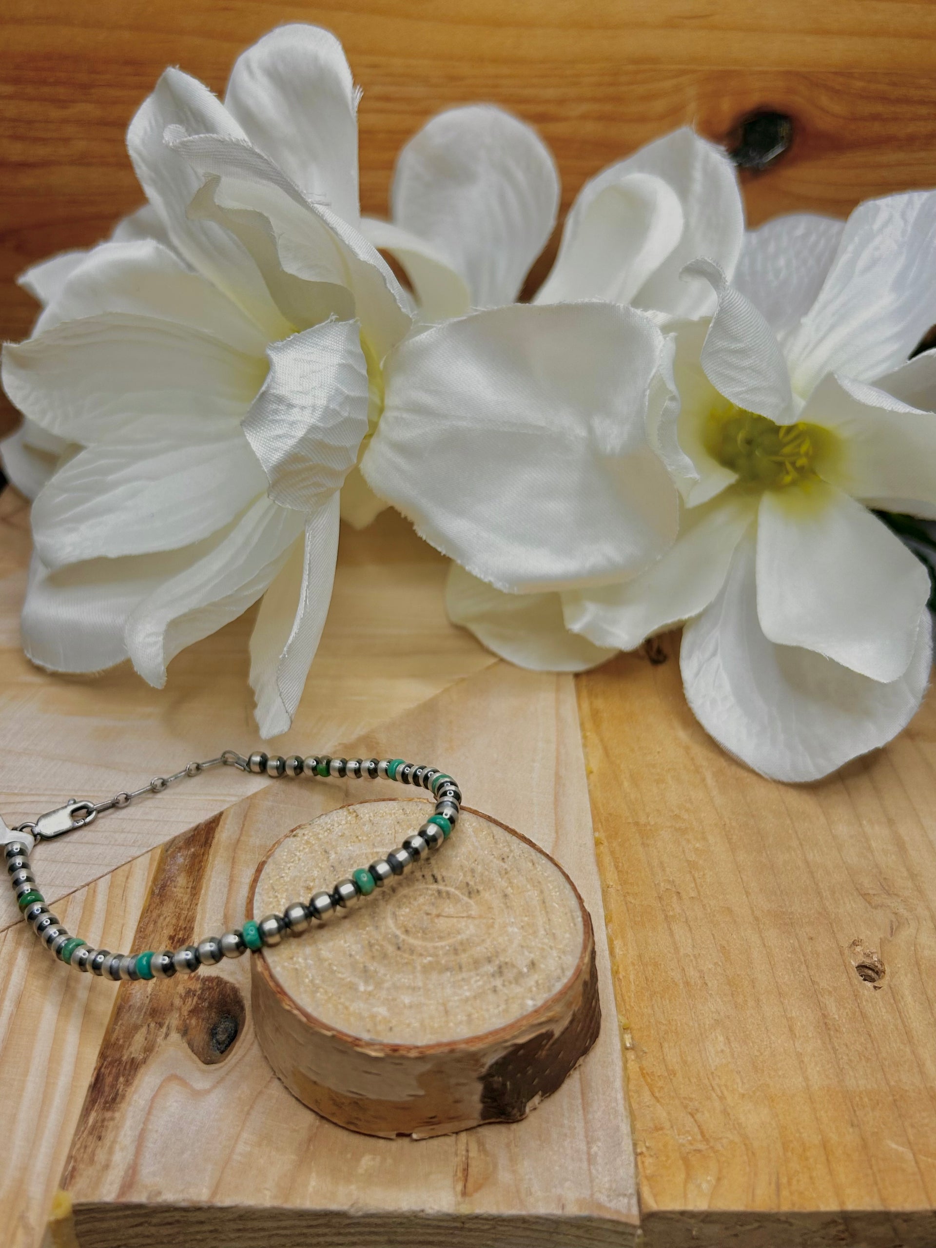 Navajo Made Kingman Turquoise & Sterling Silver Strung Bracelet