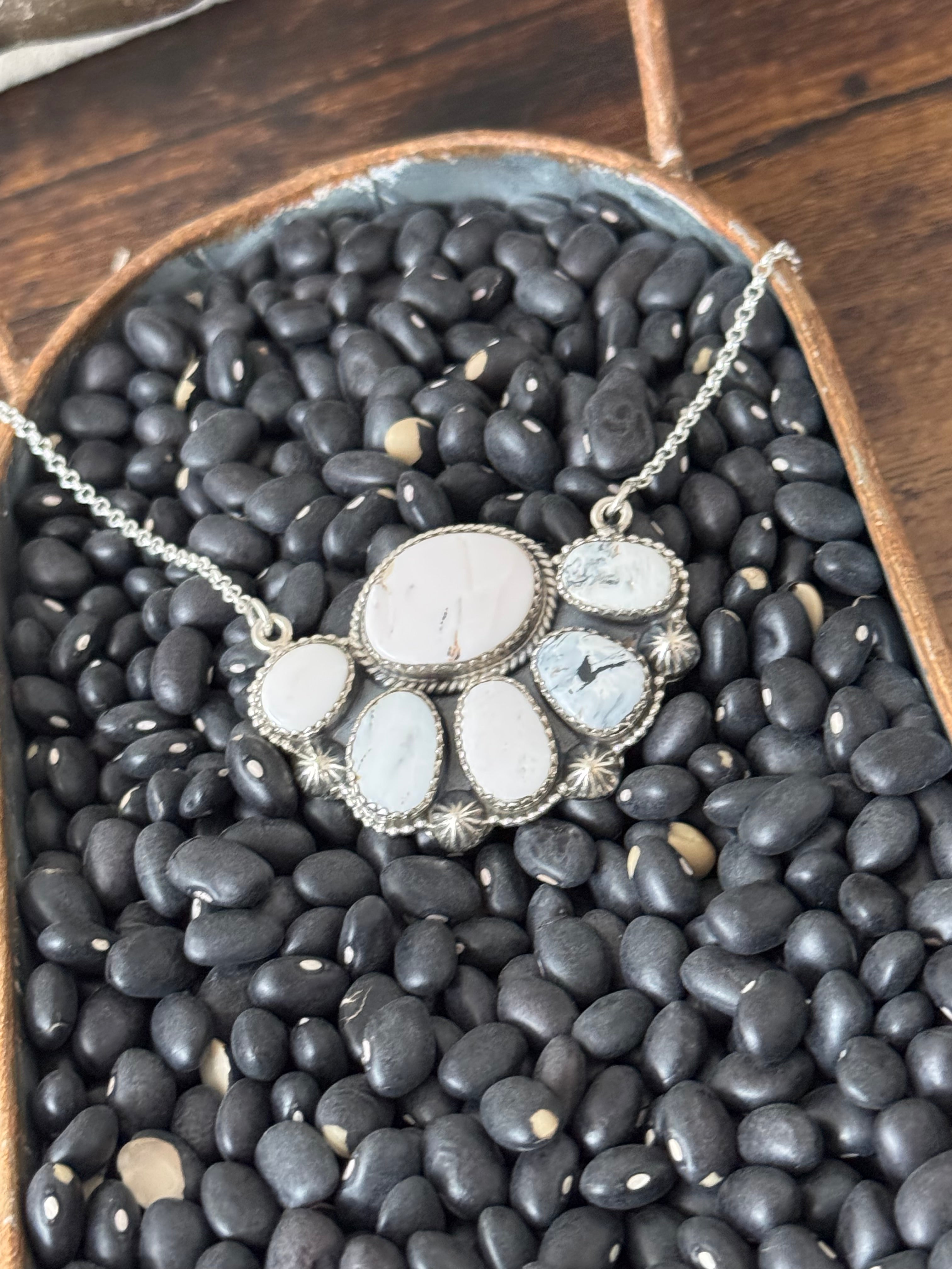 Southwest White Buffalo & Sterling Silver Cluster Necklace