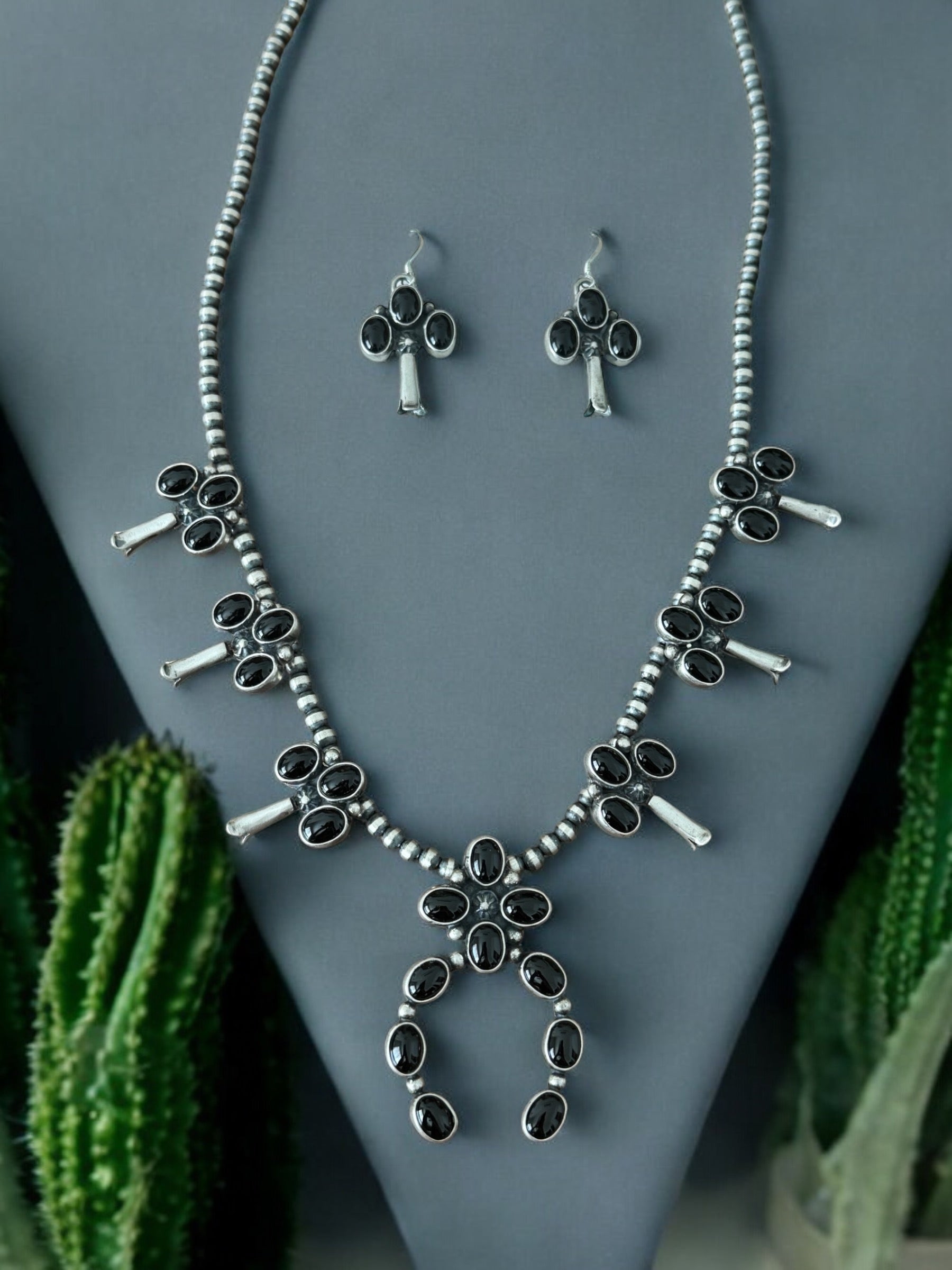 Larry Kaye Made Onyx & Sterling Silver Squash Blossom Necklace Set