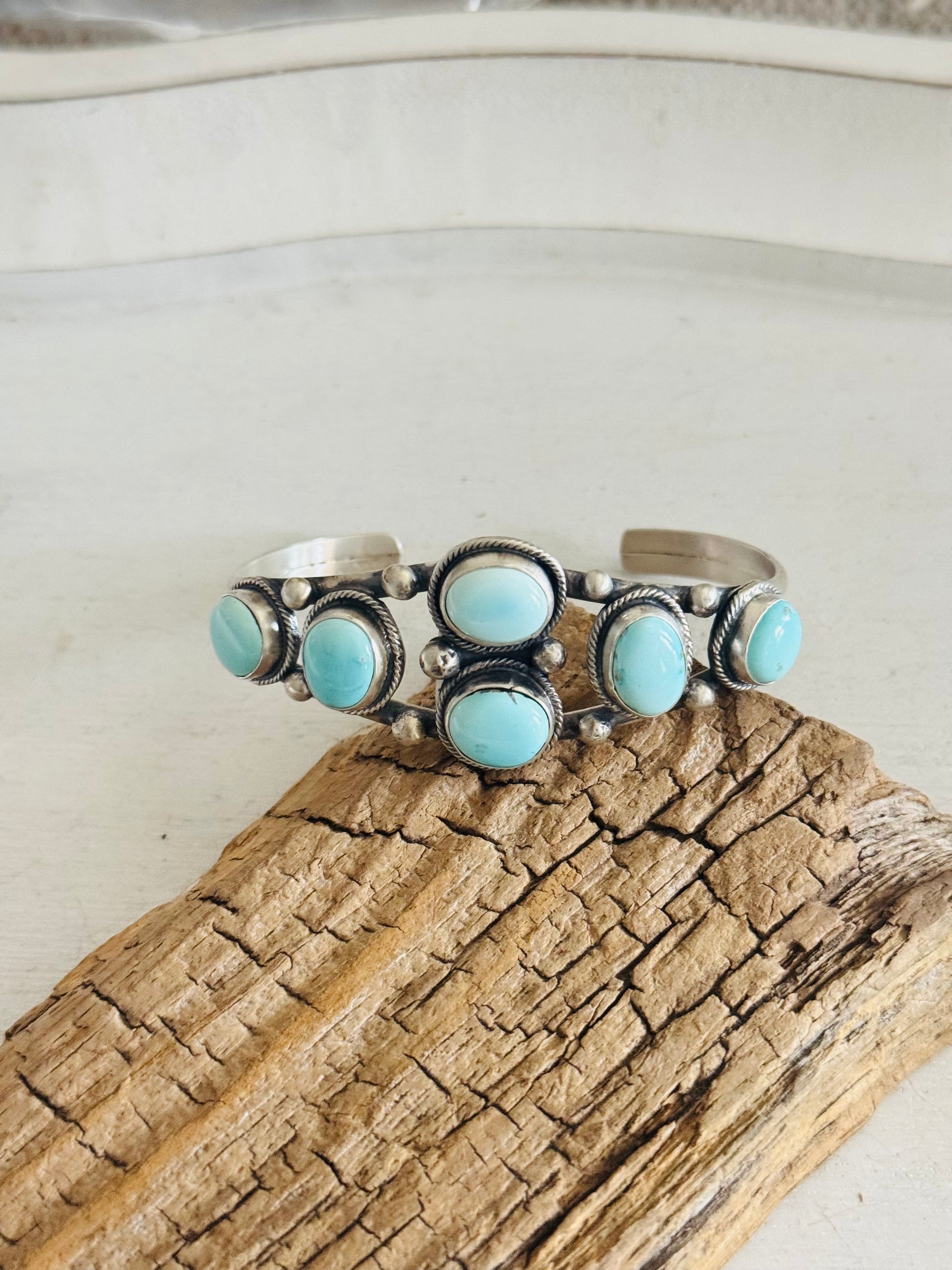Bobby Johnson Kingman Turquoise & Sterling Silver Cluster Cuff Bracelet