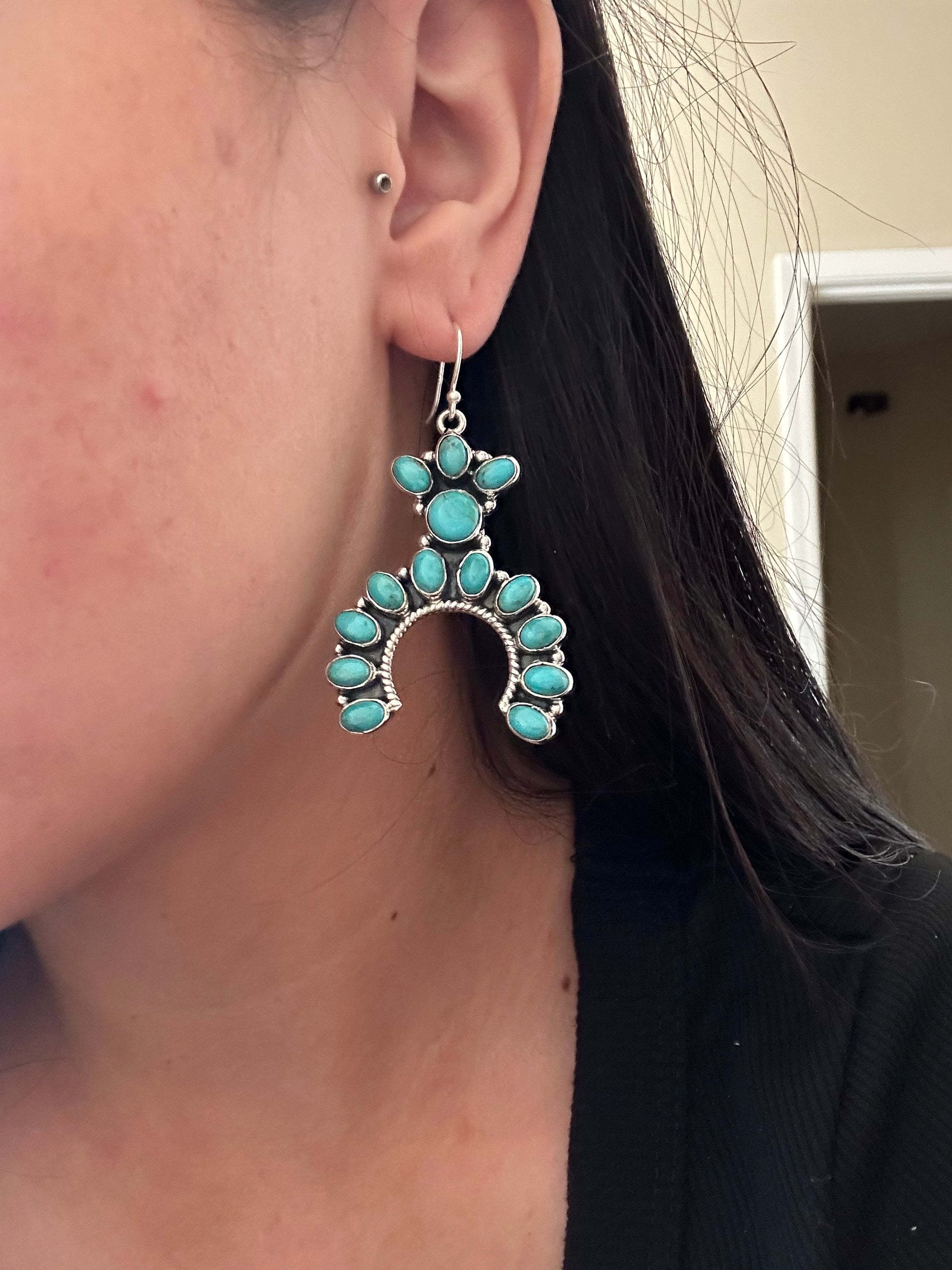 Southwest Handmade Kingman Turquoise & Sterling Silver Dangle Cluster Earrings
