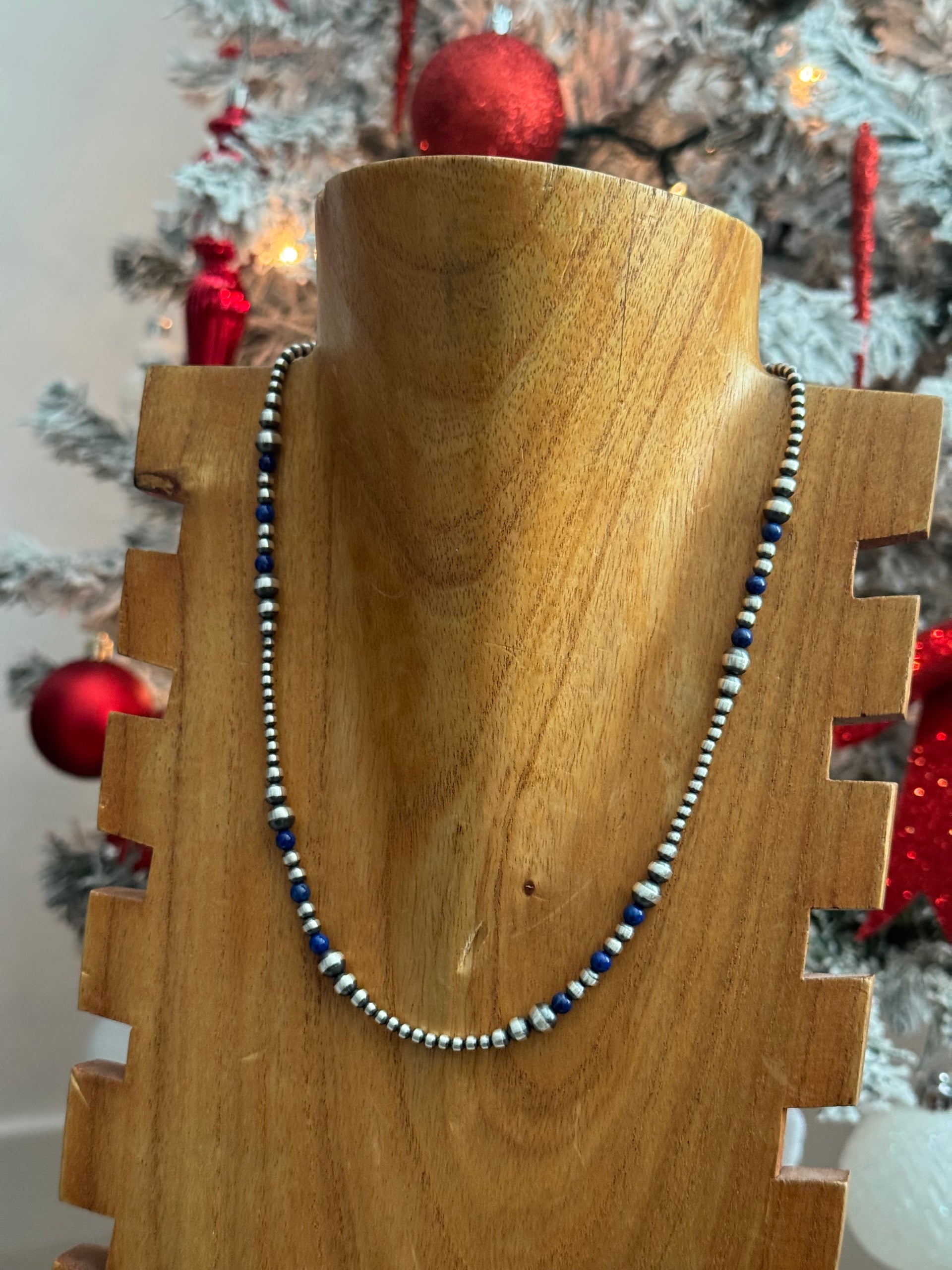 Navajo Strung Lapis & Sterling Silver Graduated Pearl Necklace