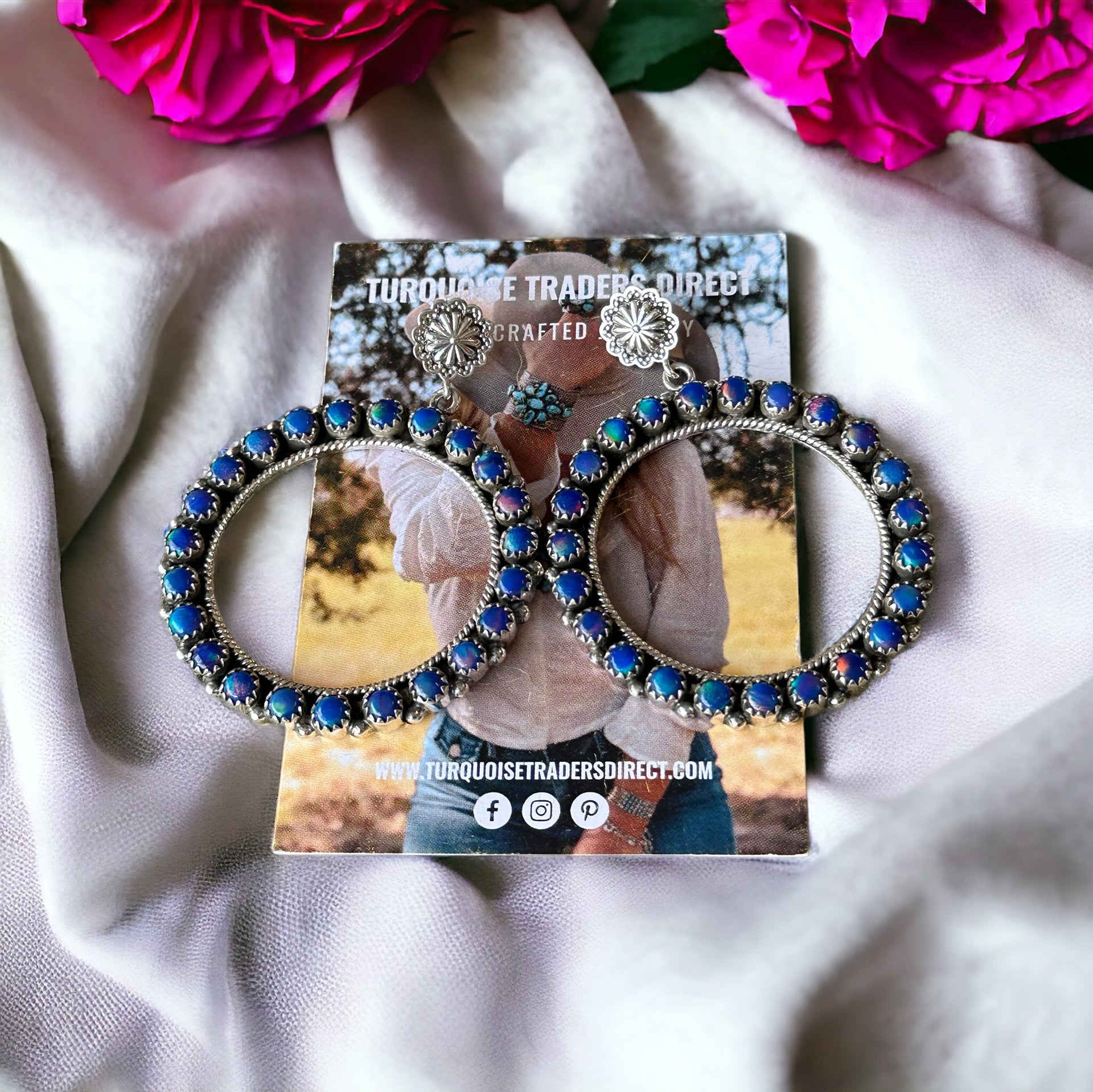 Southwest Handmade Blue Opal & Sterling Silver Post Dangle Cluster Earrings