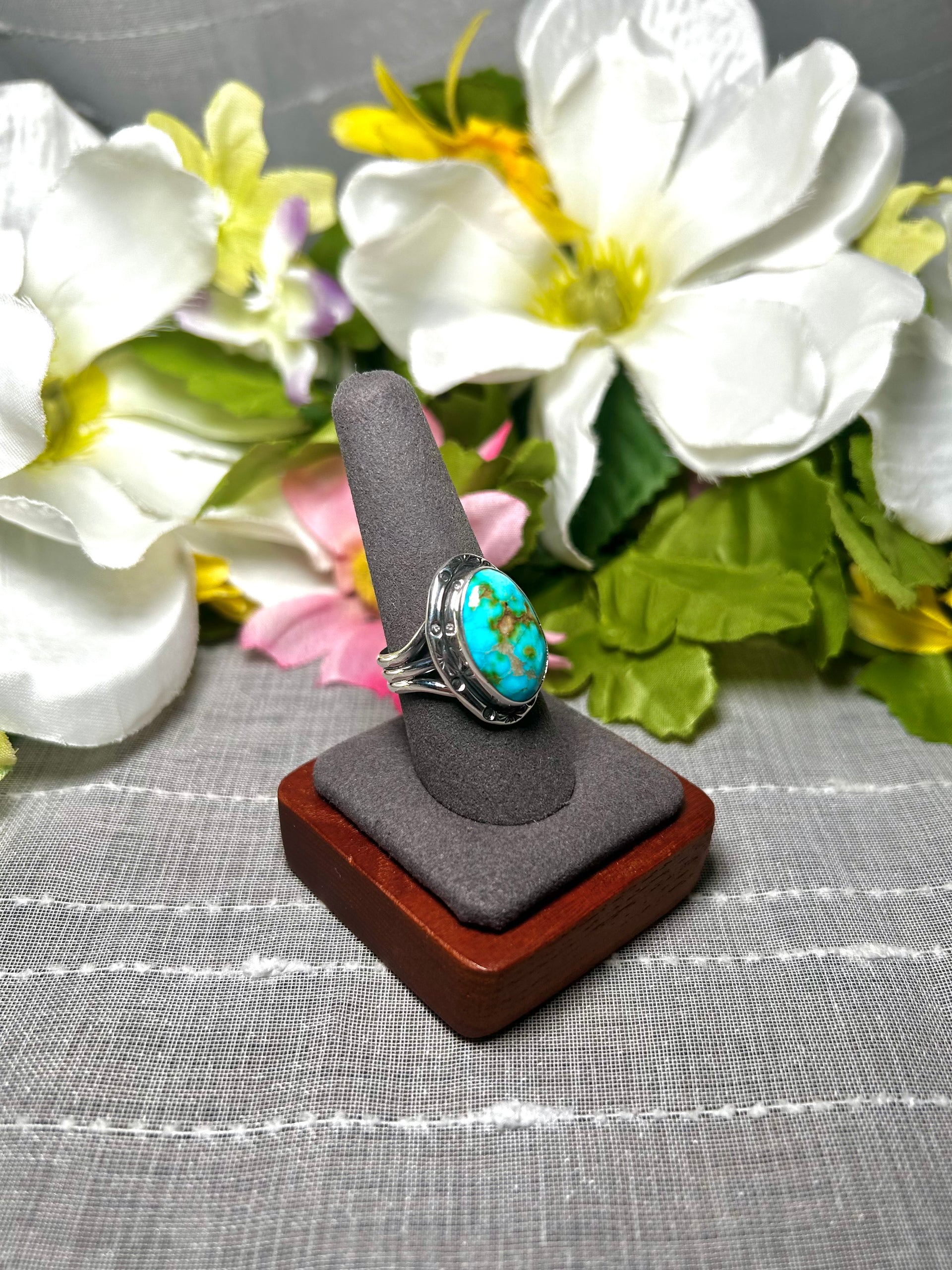 Navajo Made Natural Sonoran Mountain Turquoise & Sterling Silver Ring Size 9.75