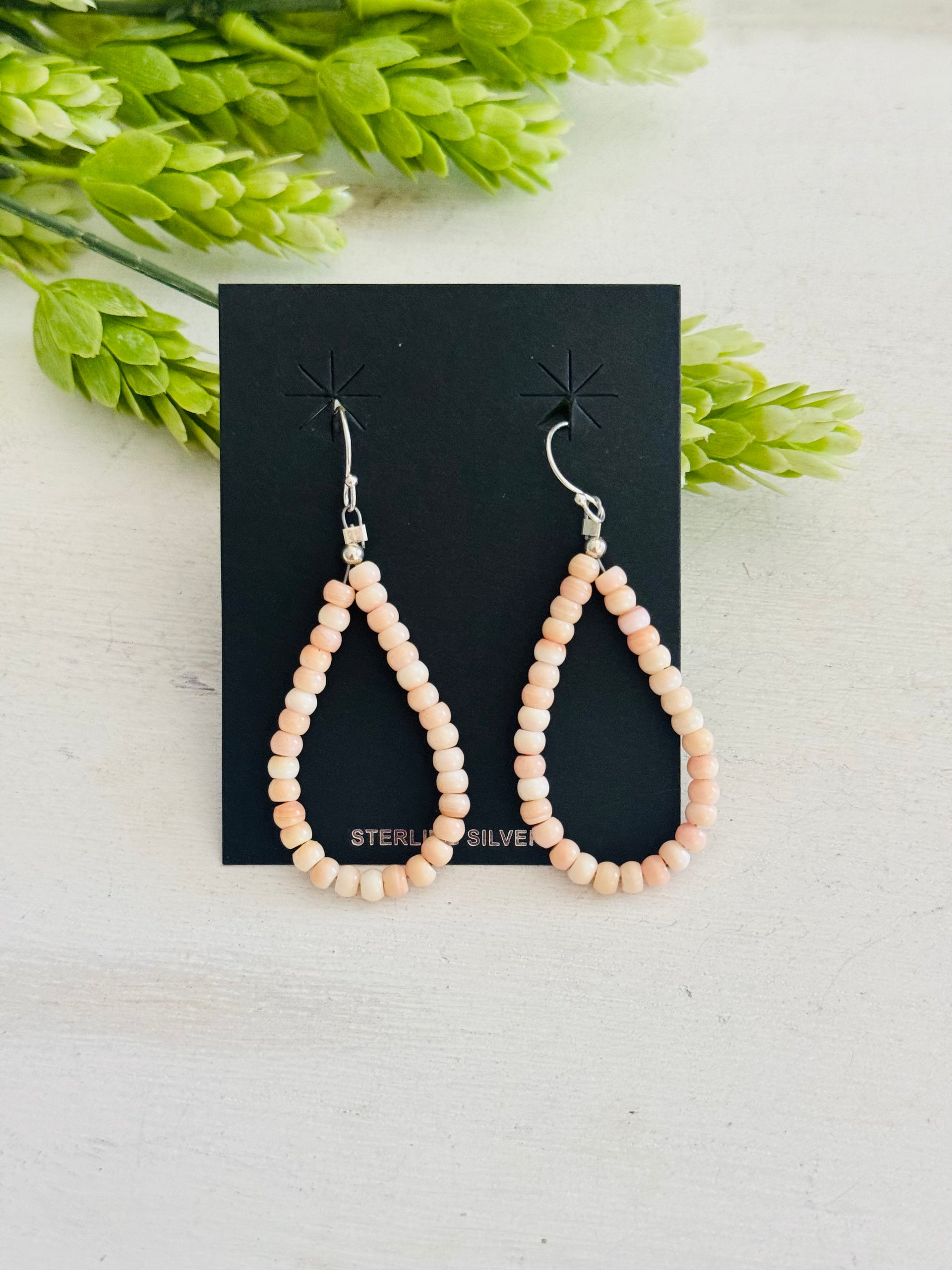 Southwest Strung Pink Conch & Sterling Silver Beaded Dangle Earrings