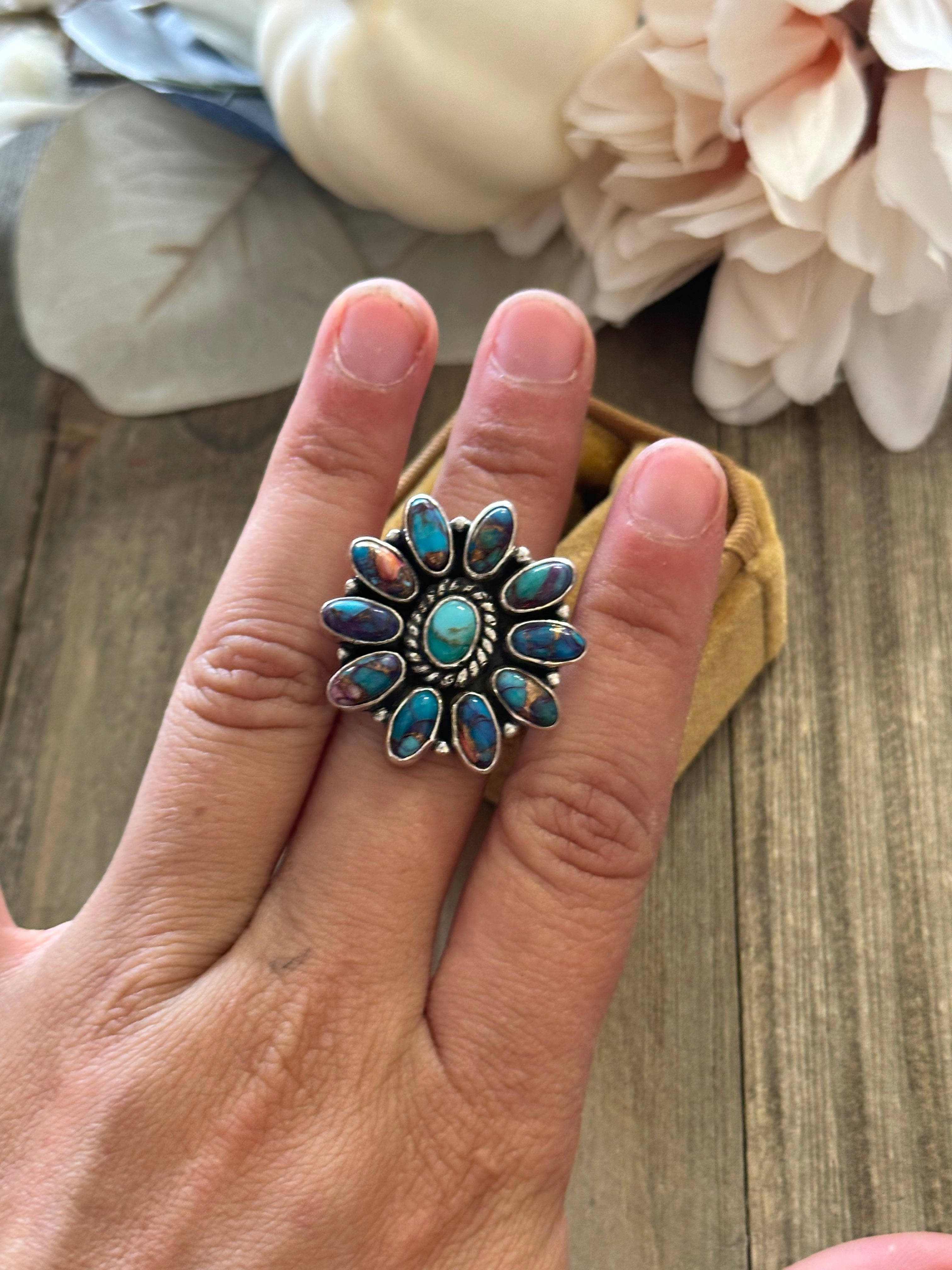 Southwest Handmade Mohave Turquoise & Sterling Silver Adjustable Cluster Ring