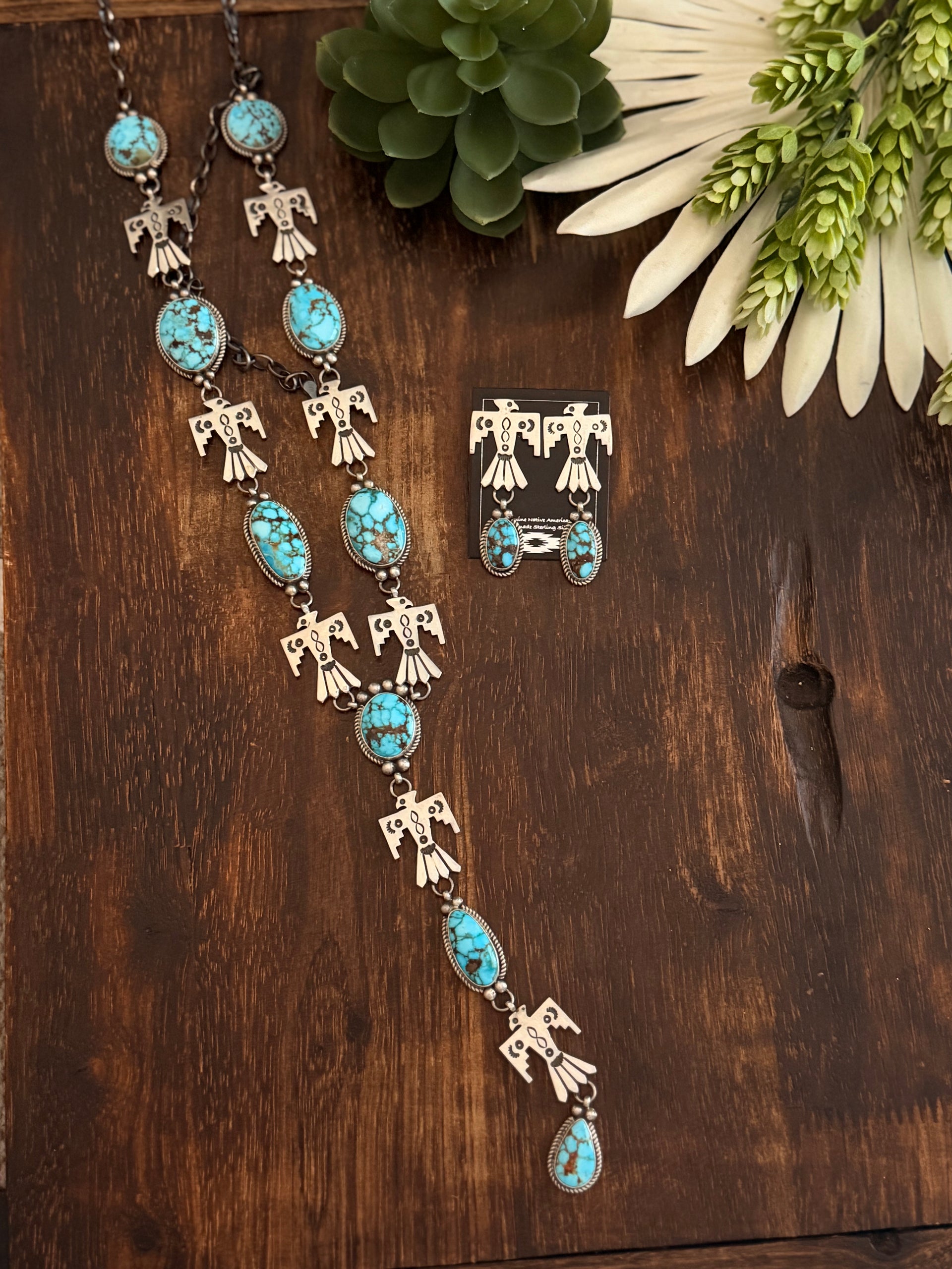 Navajo Made High Grade Kingman Turquoise and Sterling Silver Lariat Necklace Set