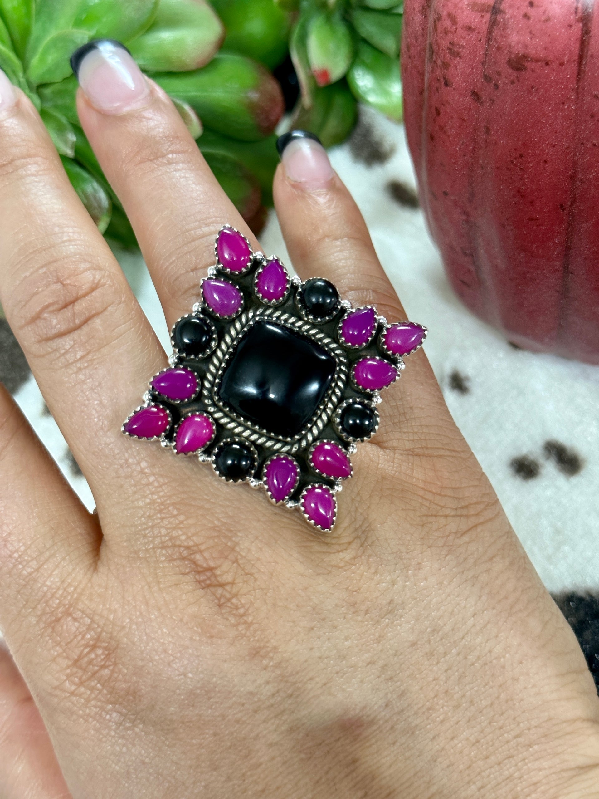Southwest Handmade Multi Stone & Sterling Silver Cluster Adjustable Ring