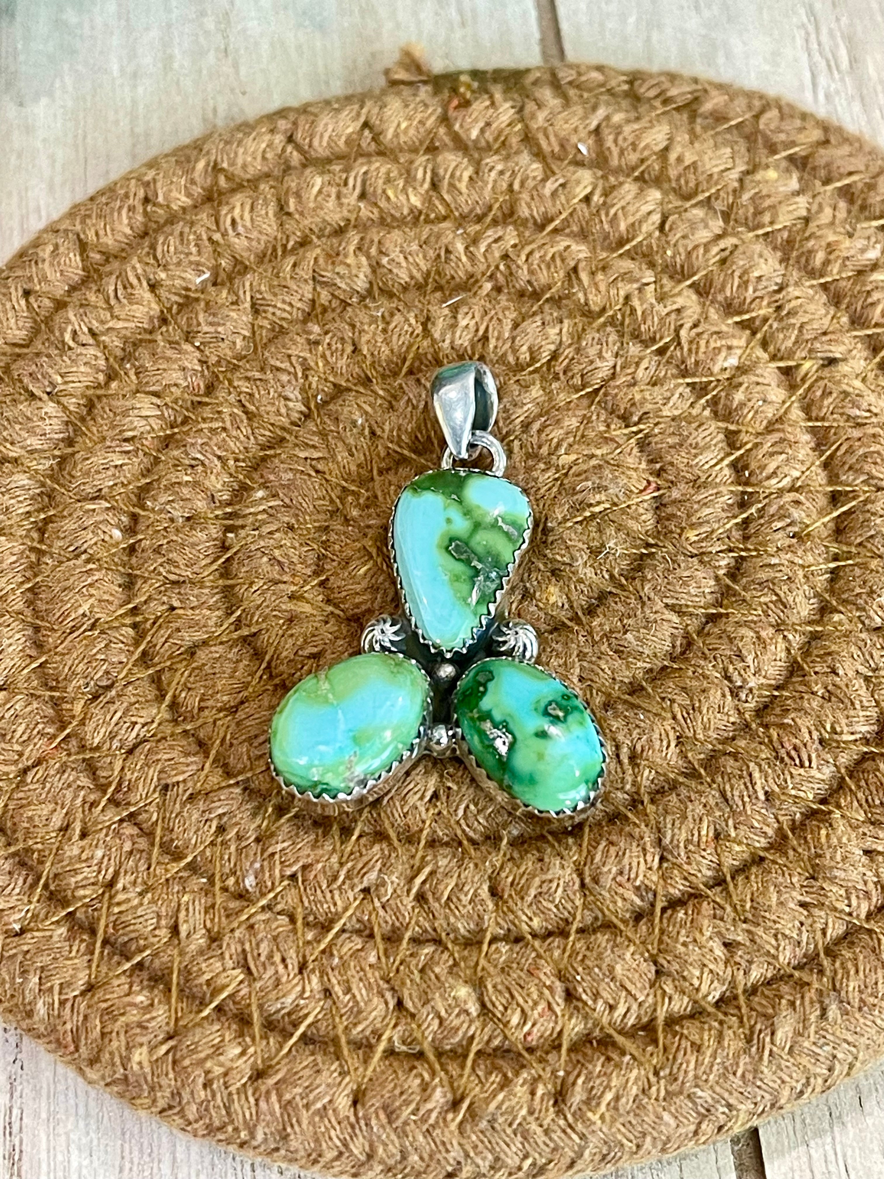 Southwest Handmade Sonoran Mountain Turquoise & Sterling Silver 3 Stone Pendant