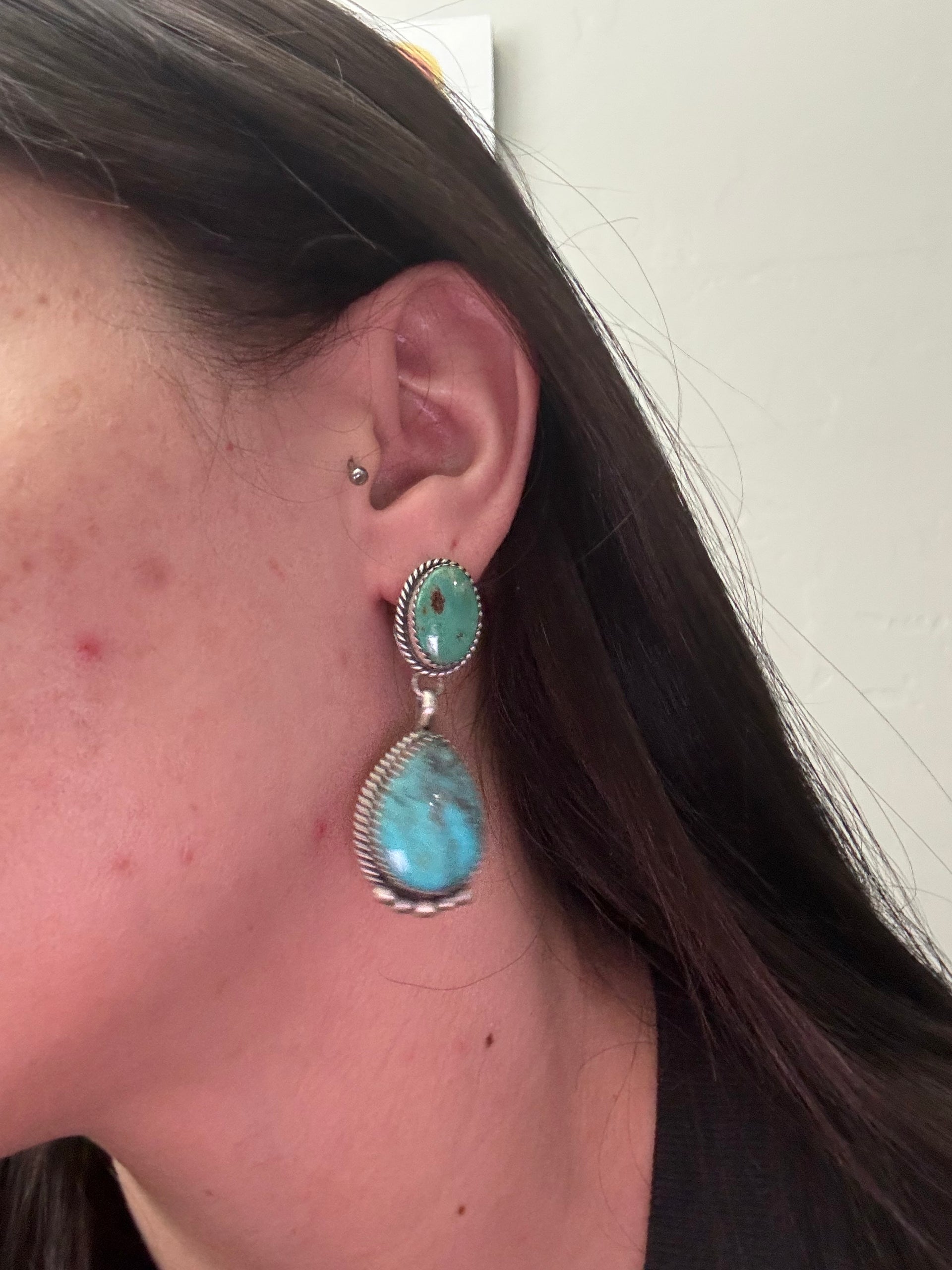 Freda Martinez Kingman Turquoise & Sterling Silver Post Dangle Earrings