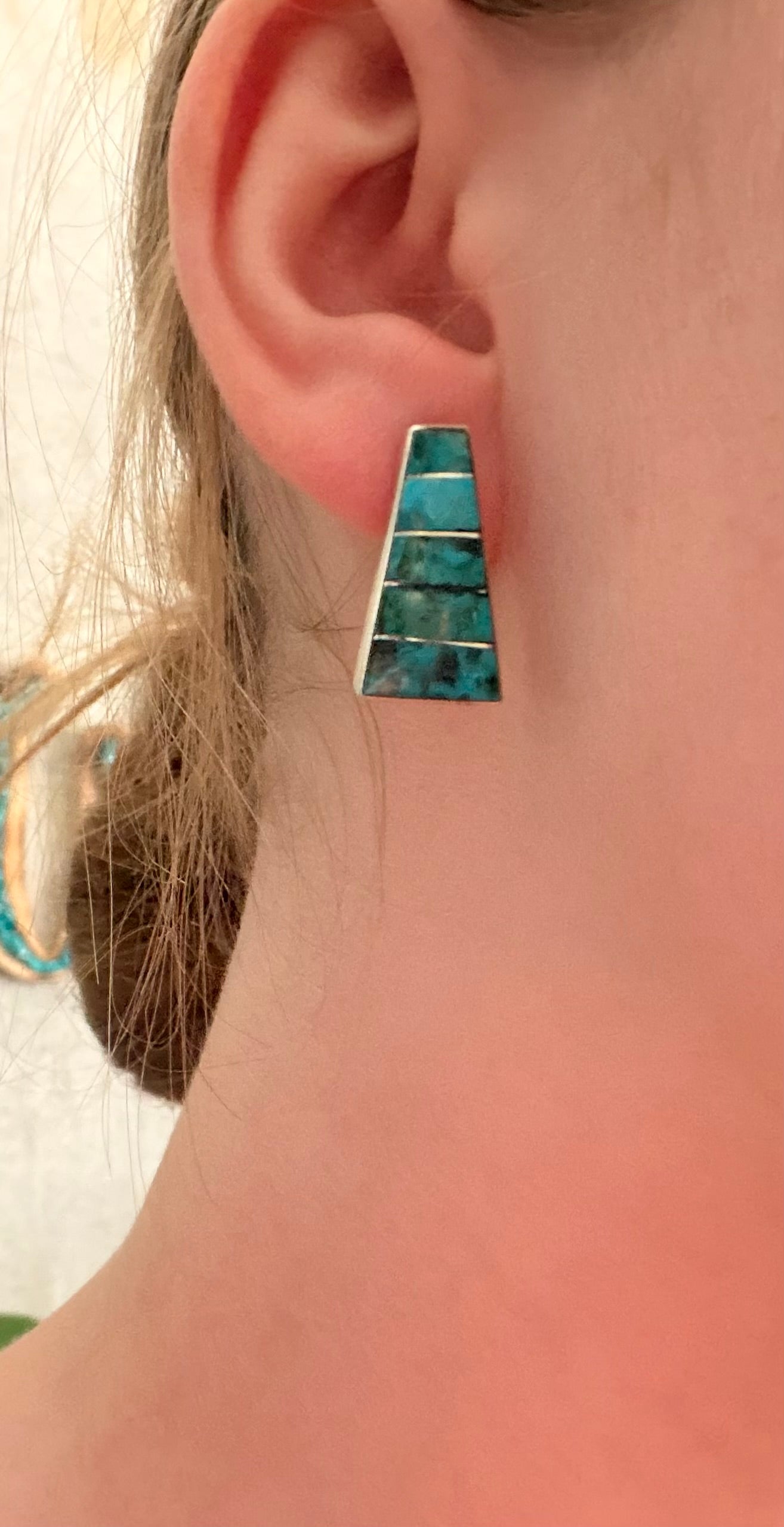 Navajo Made Kingman Turquoise & Sterling Silver Inlay Post Earrings