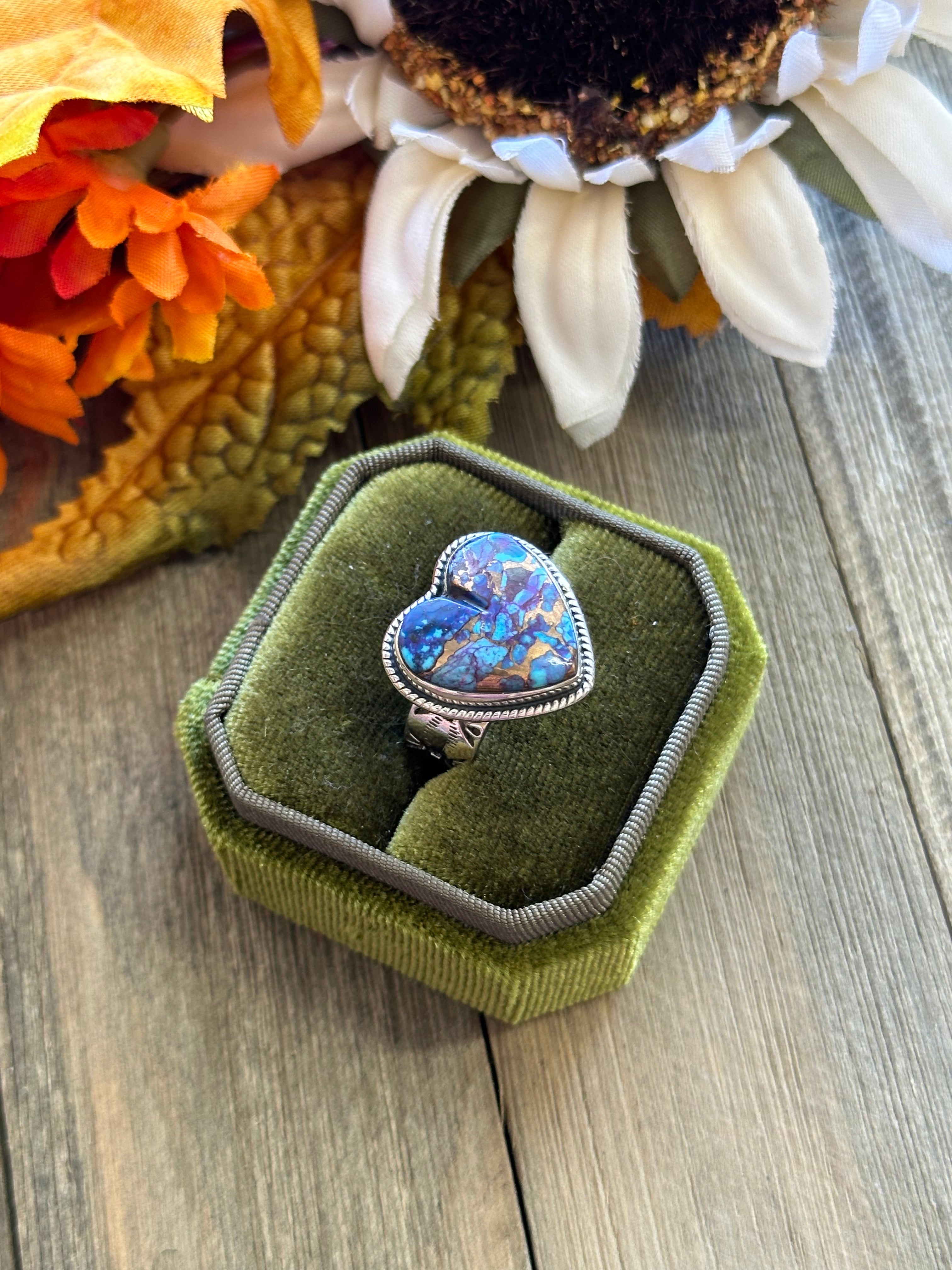 Southwest Handmade Mohave Turquoise & Sterling Silver Adjustable Heart Ring