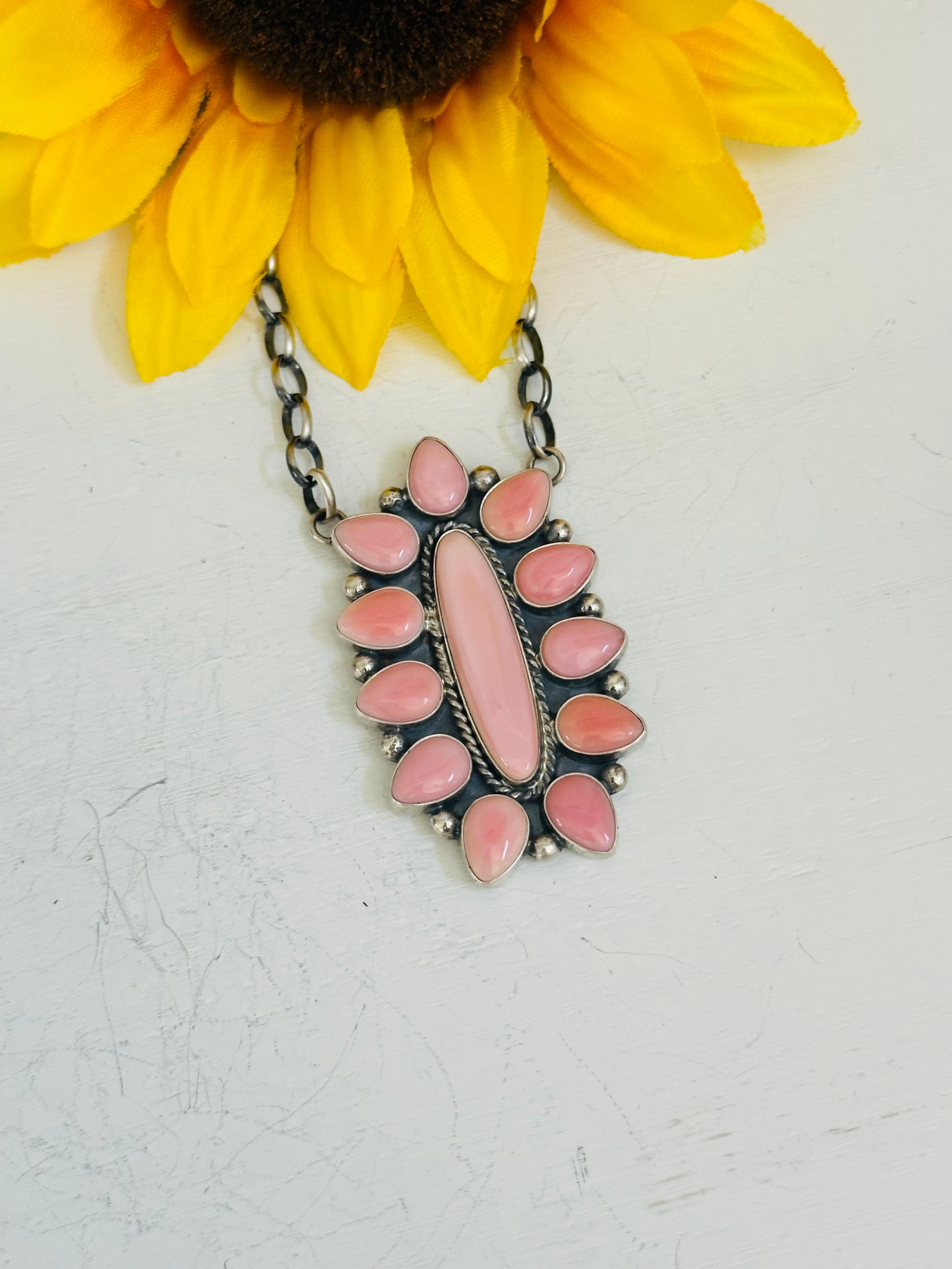 Virginia Sandoval Pink Conch and Sterling Silver Cluster Necklace