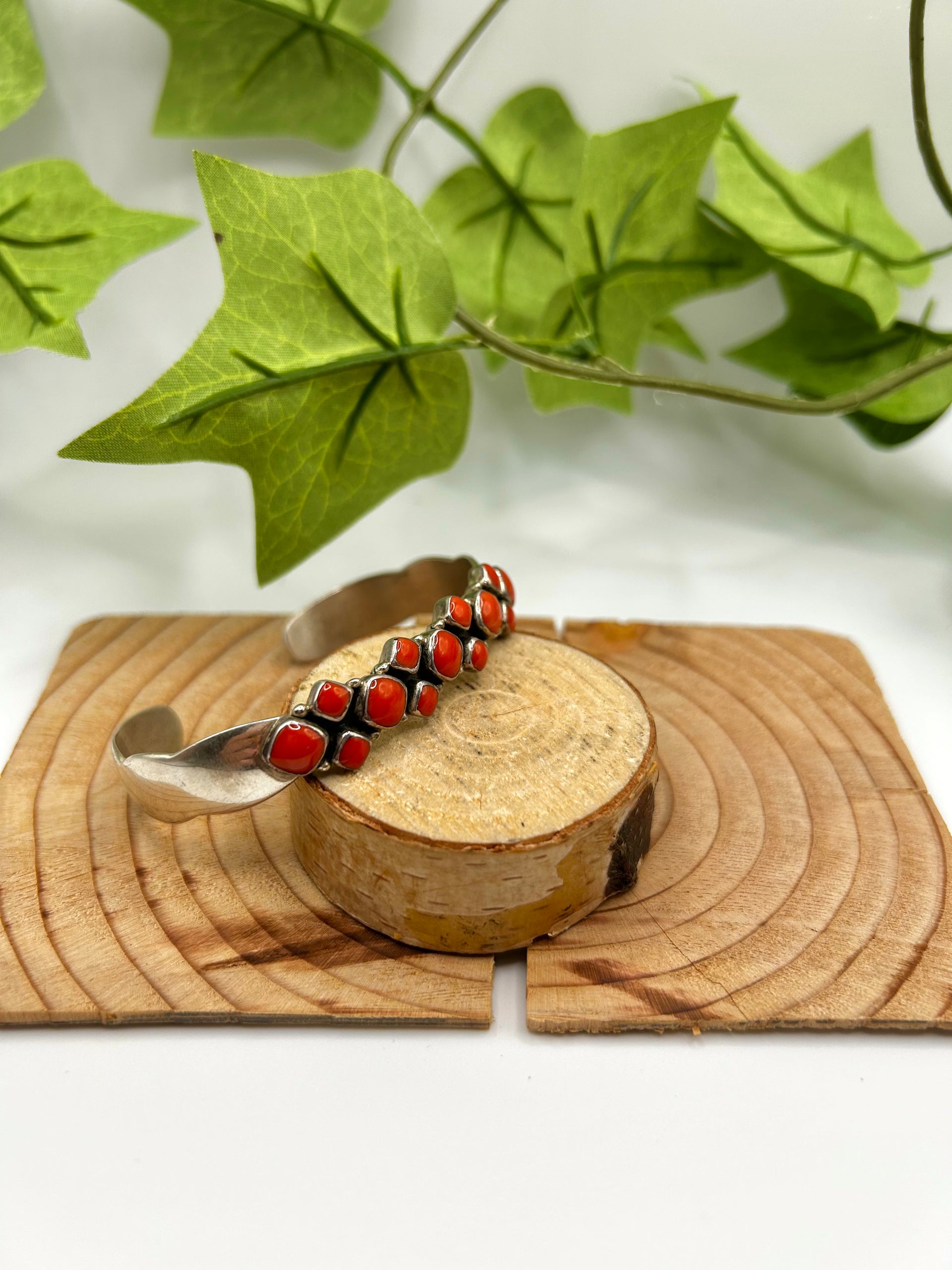 Navajo Made Natural Coral & Sterling Silver Cuff Bracelet