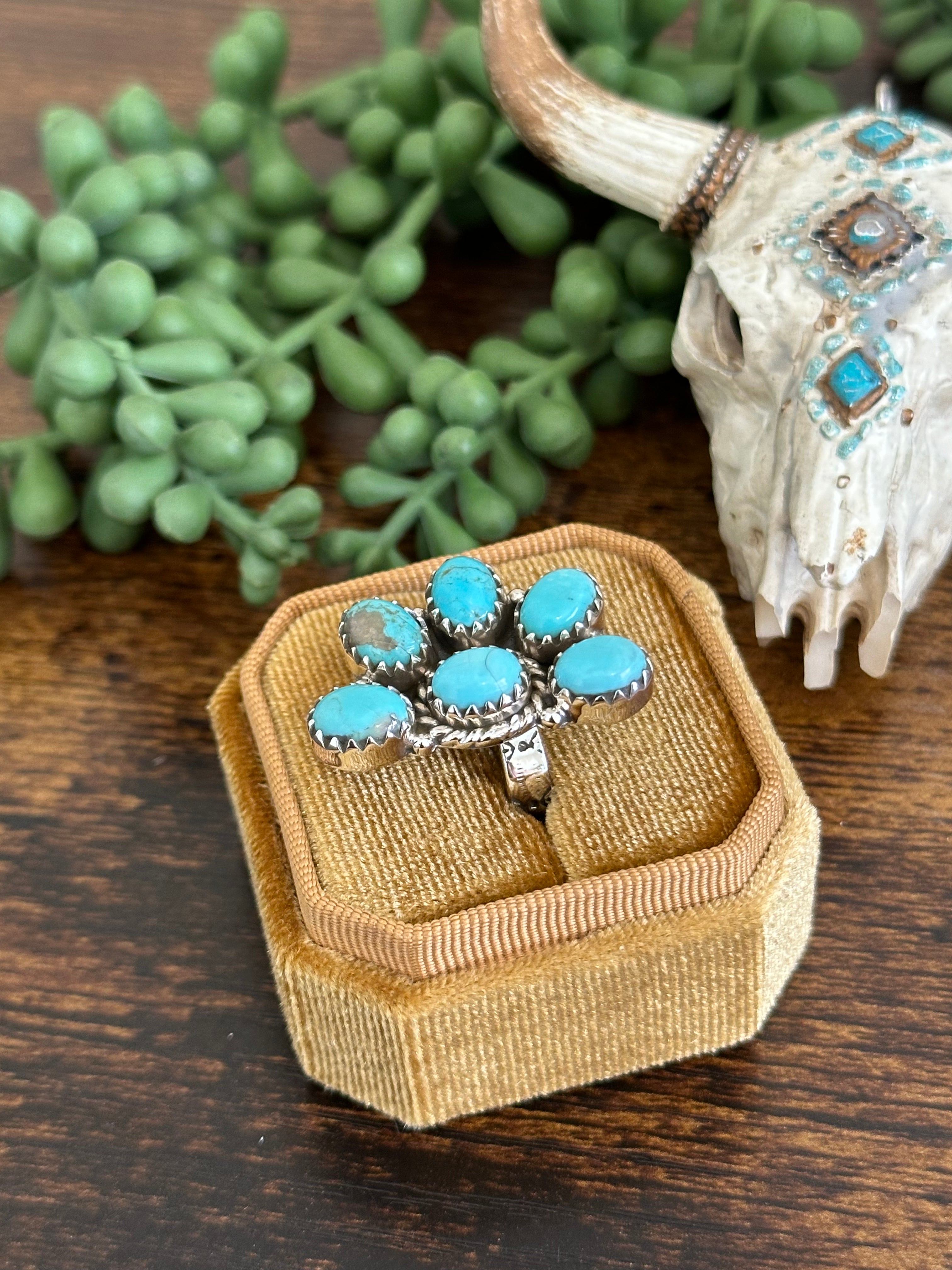 Southwest Handmade Kingman Turquoise & Sterling Silver Adjustable Cluster Ring