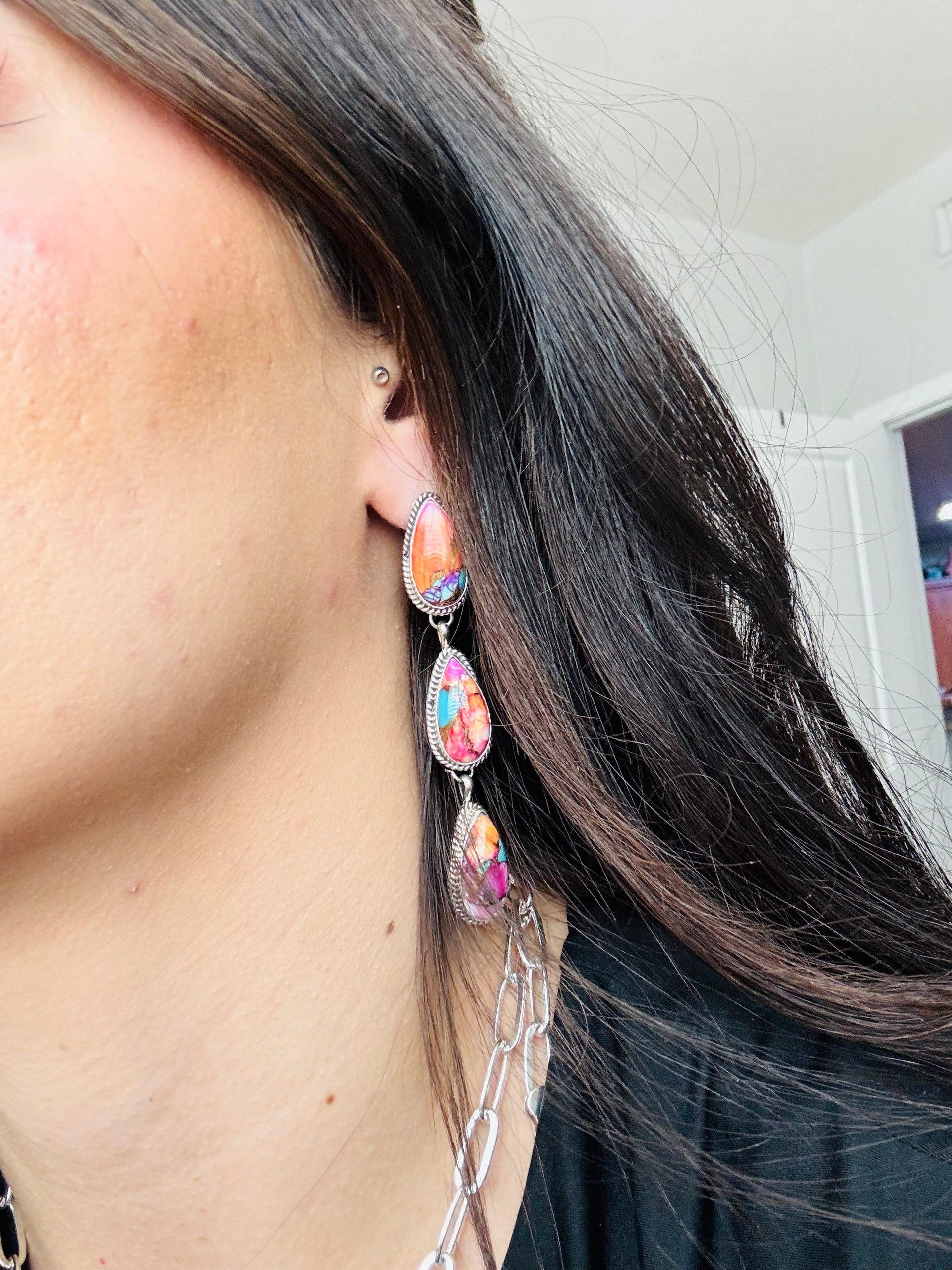 Navajo Made Pink Mohave Turquoise & Sterling Silver Post Earrings