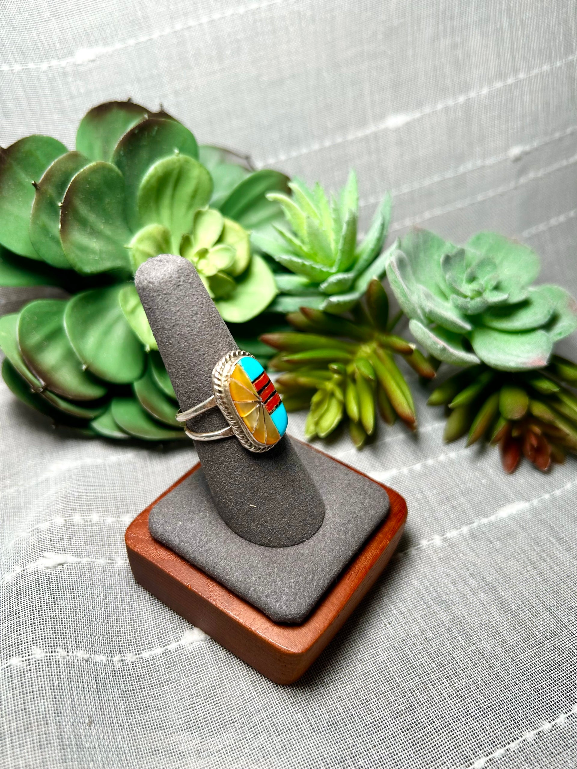 Zuni Made Multi Stone & Sterling Silver Ring Size 7.75