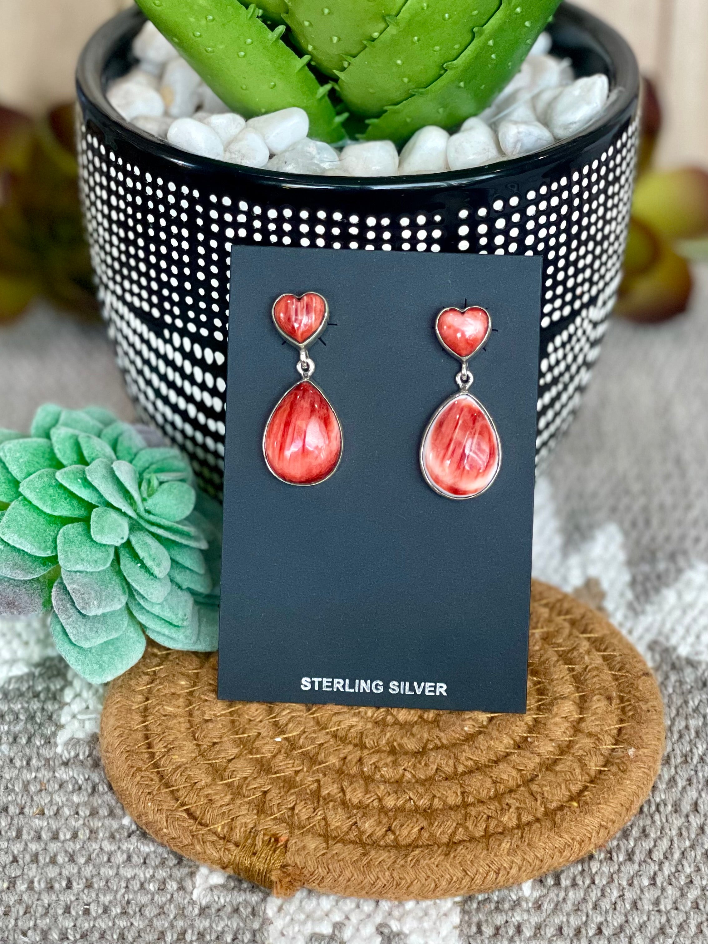 Navajo Made Red Spiny & Sterling Silver Post Dangle Earrings