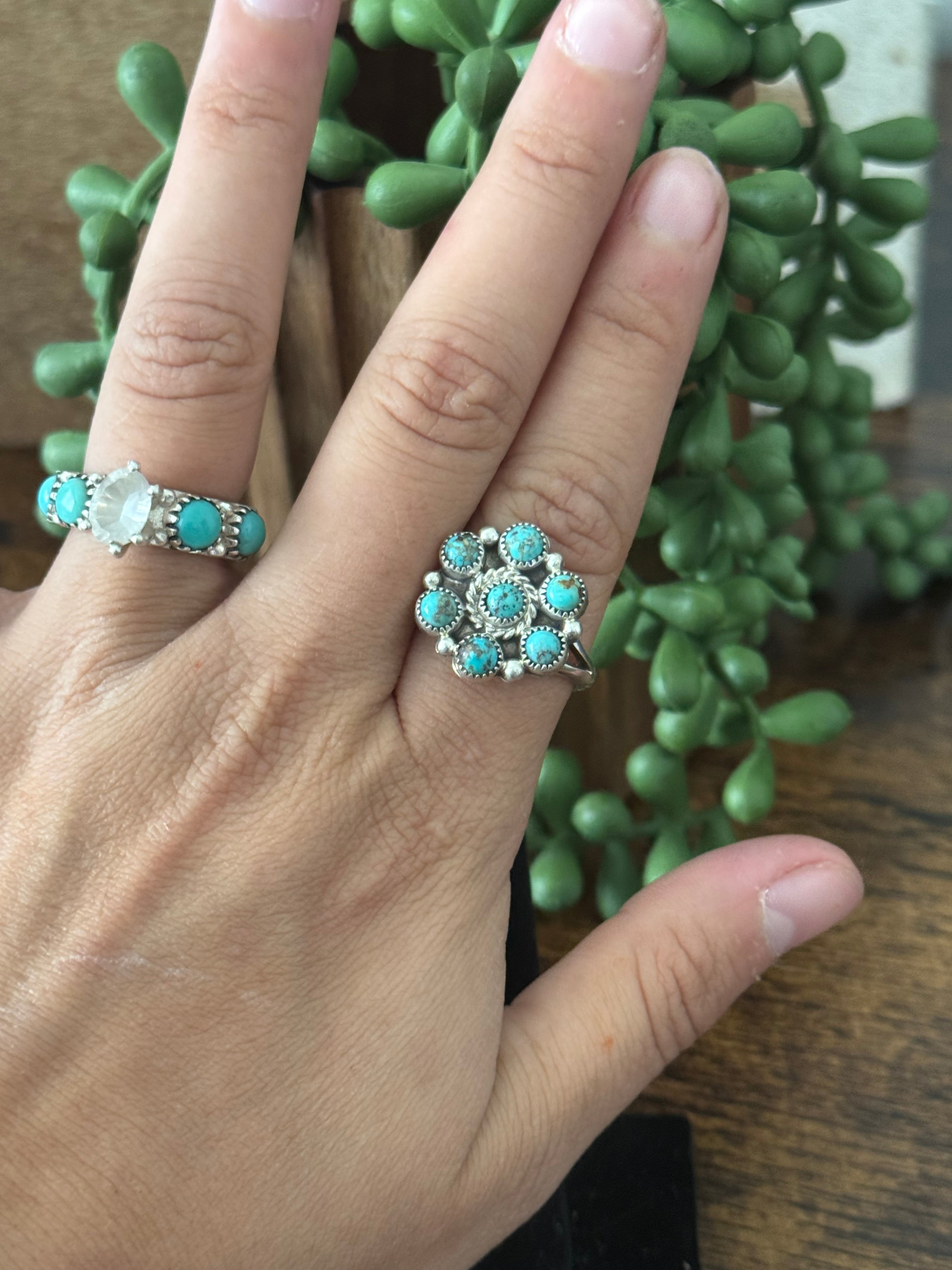 Navajo Made Kingman Turquoise & Sterling Silver Cluster Adjustable Ring