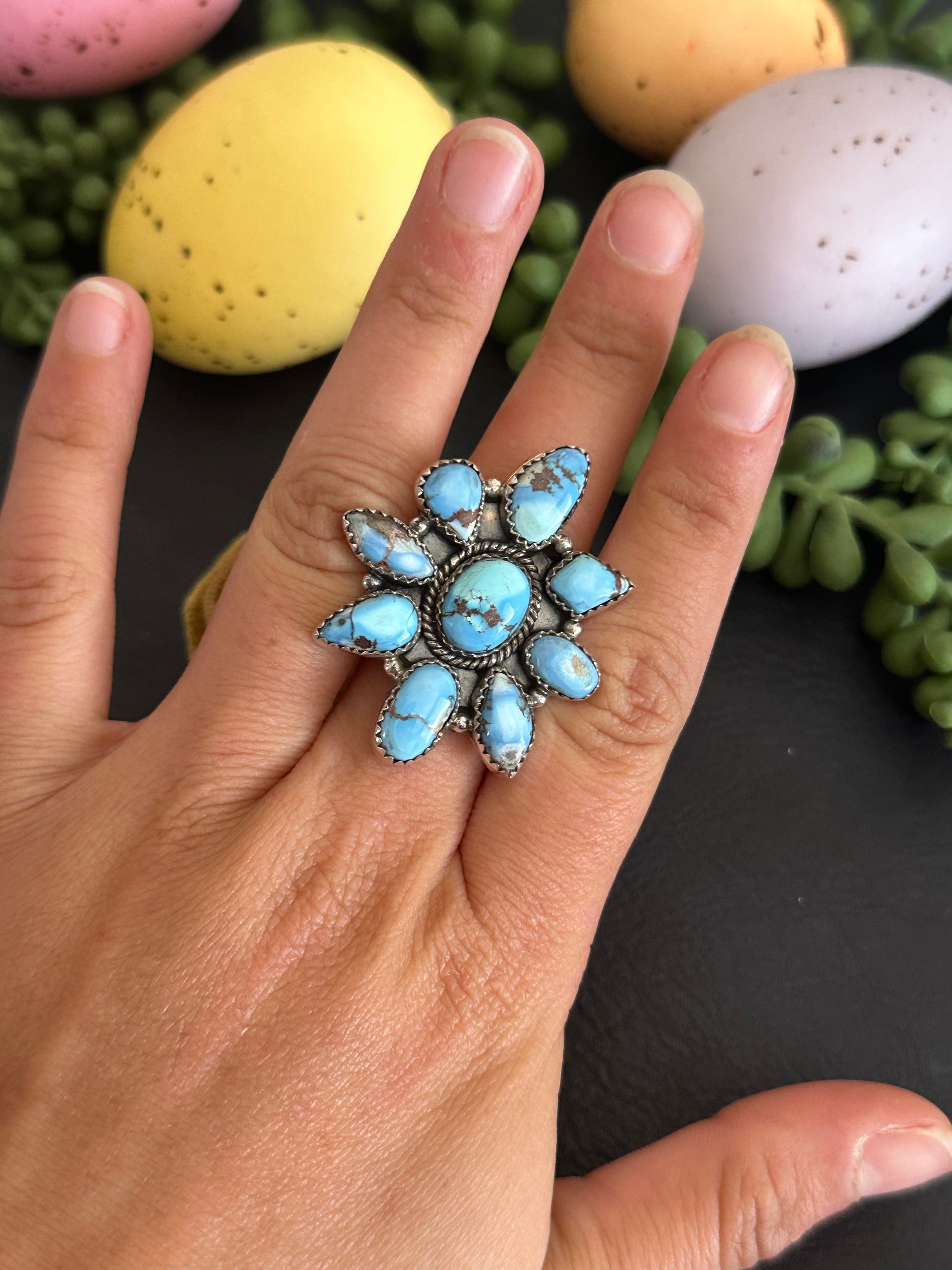Southwest Handmade Golden Hills Turquoise & Sterling Silver Adjustable Cluster Ring