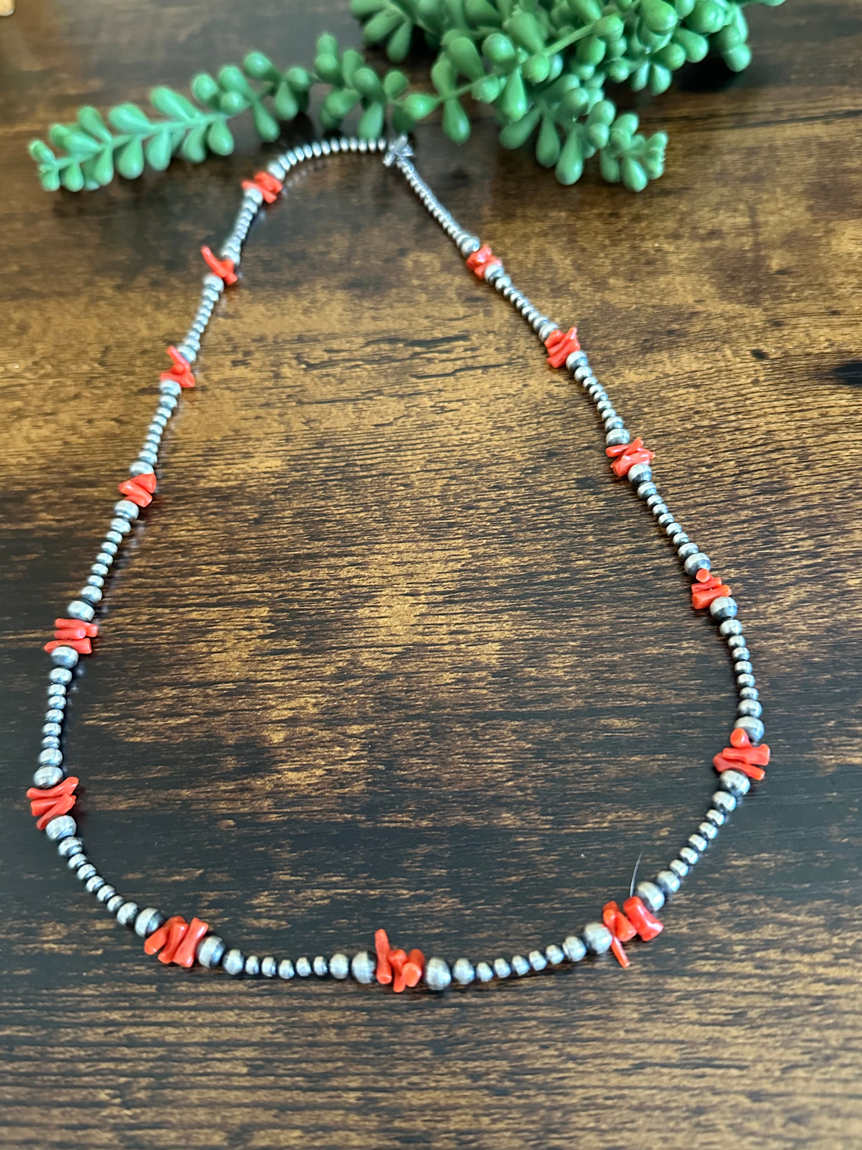 Navajo Strung Red Coral & Sterling Silver Graduated Pearls Beaded Necklace