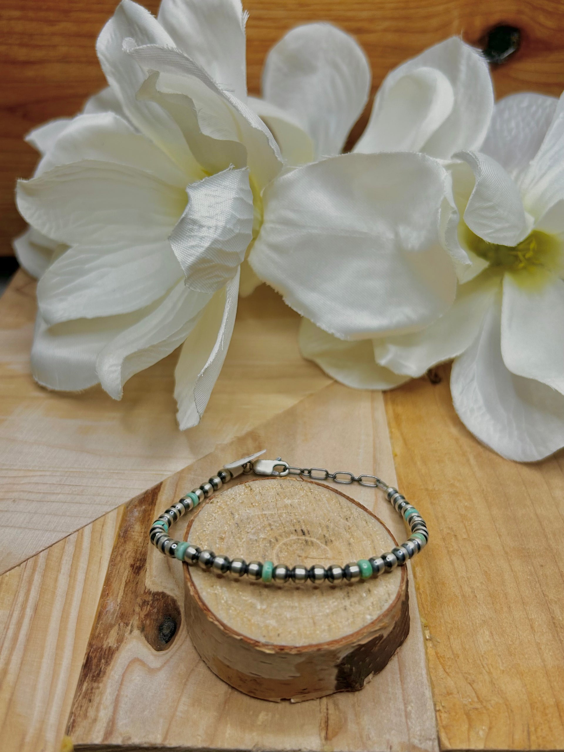 Navajo Made Kingman Turquoise & Sterling Silver Strung Bracelet