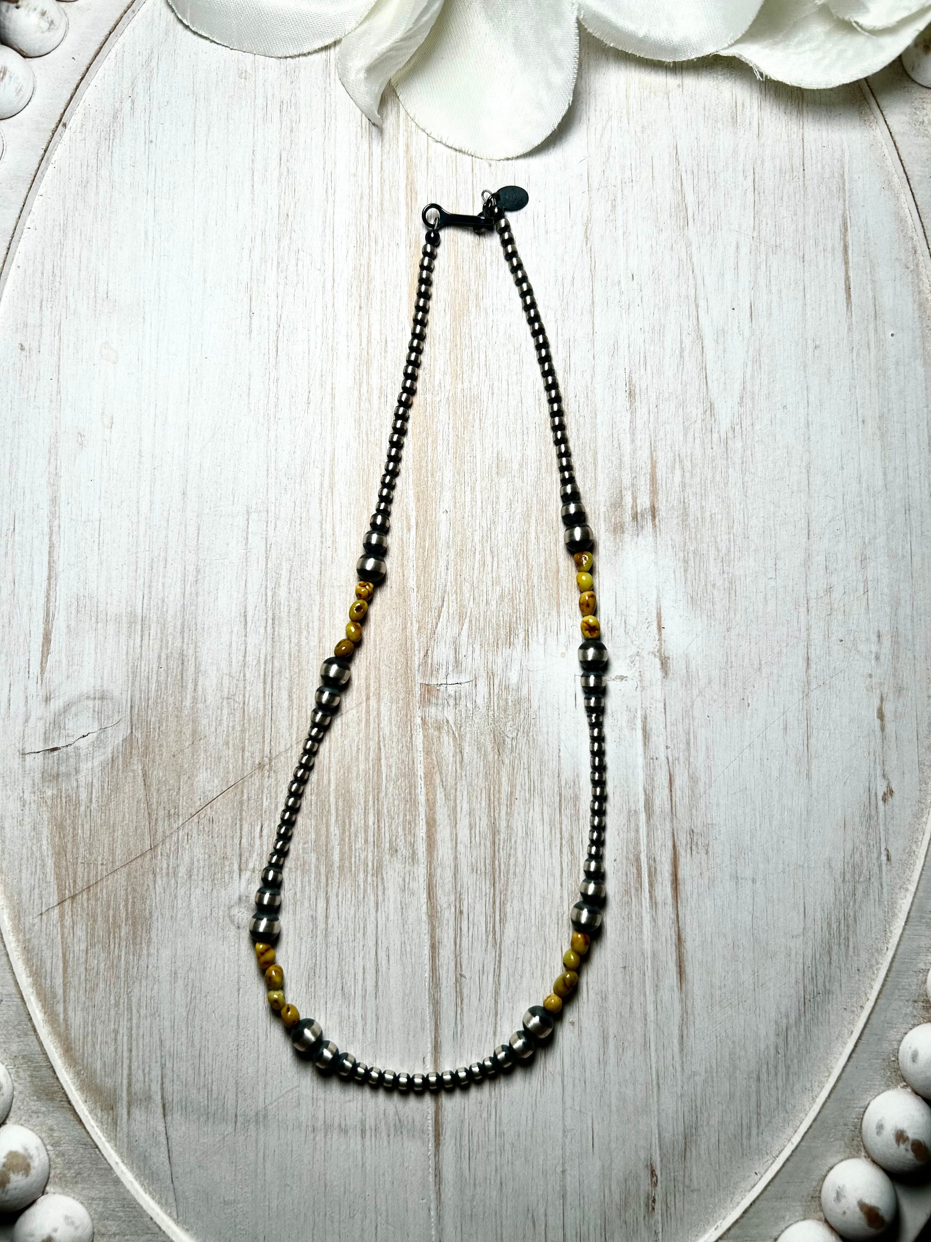 Navajo Strung Palomino Variscite & Sterling Silver Necklace