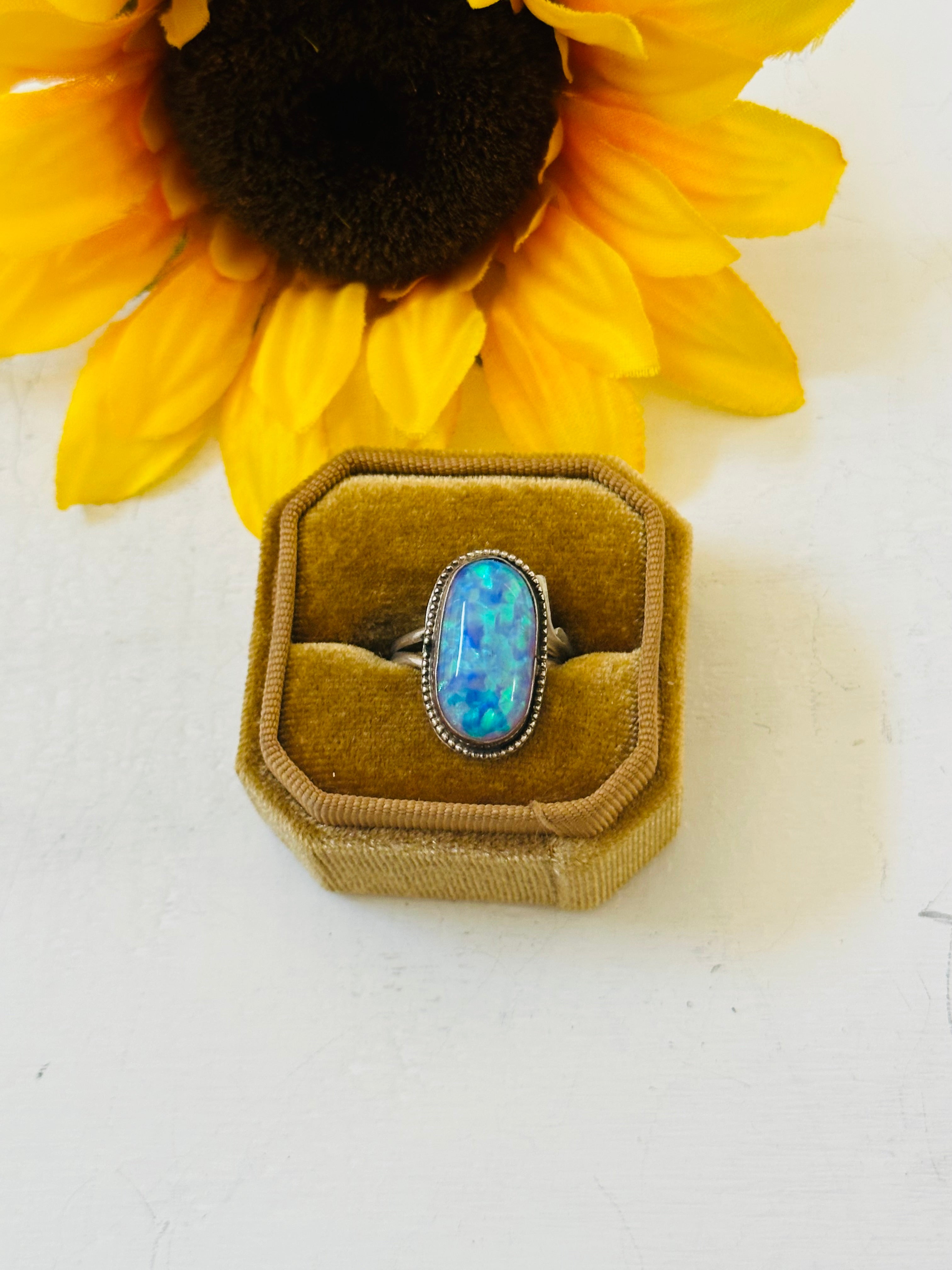 Navajo Made Blue Opal & Sterling Silver Ring Size 8.75