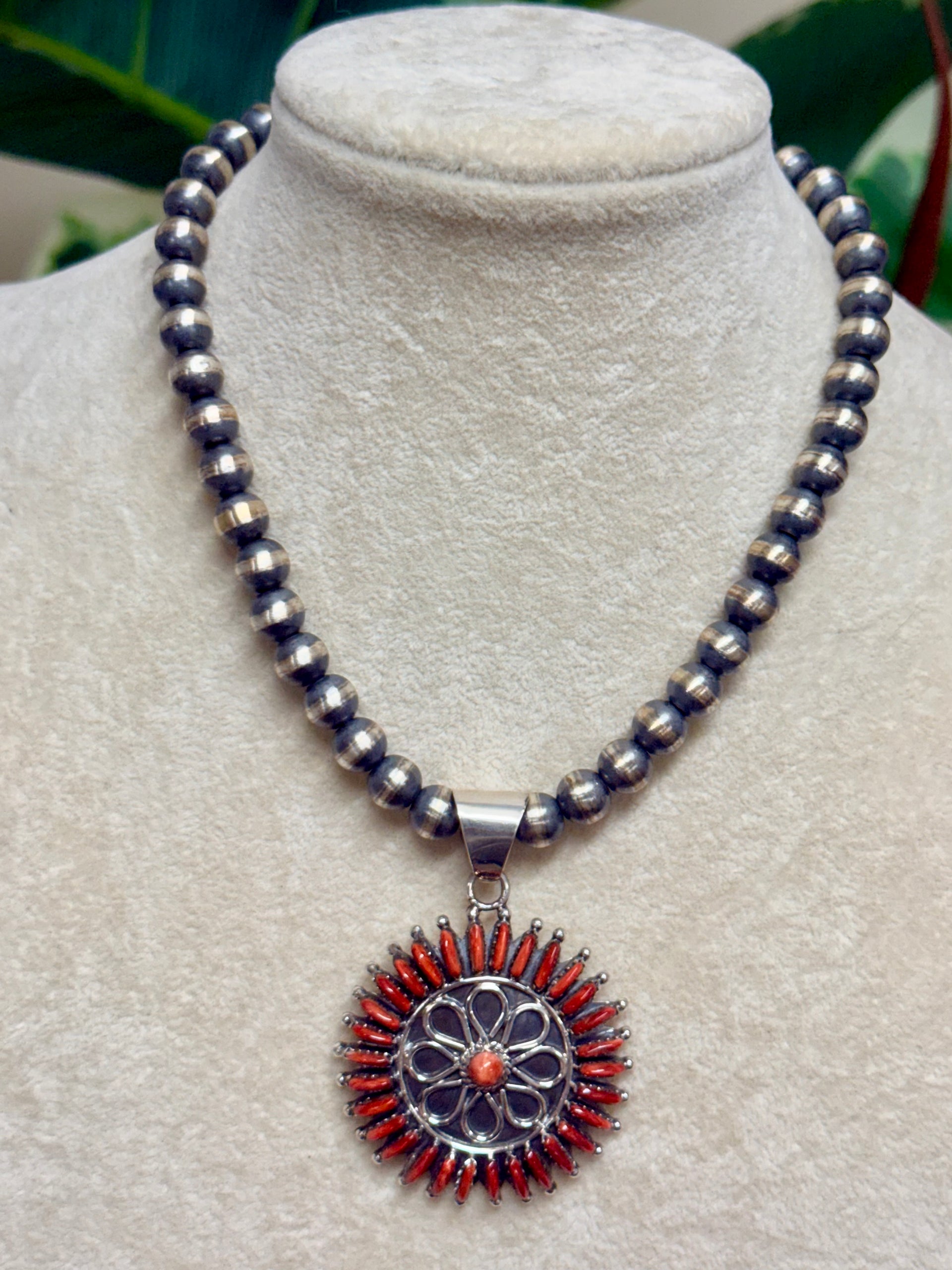 Southwest Handmade Red Spiny Oyster & Sterling Silver Pendant Set