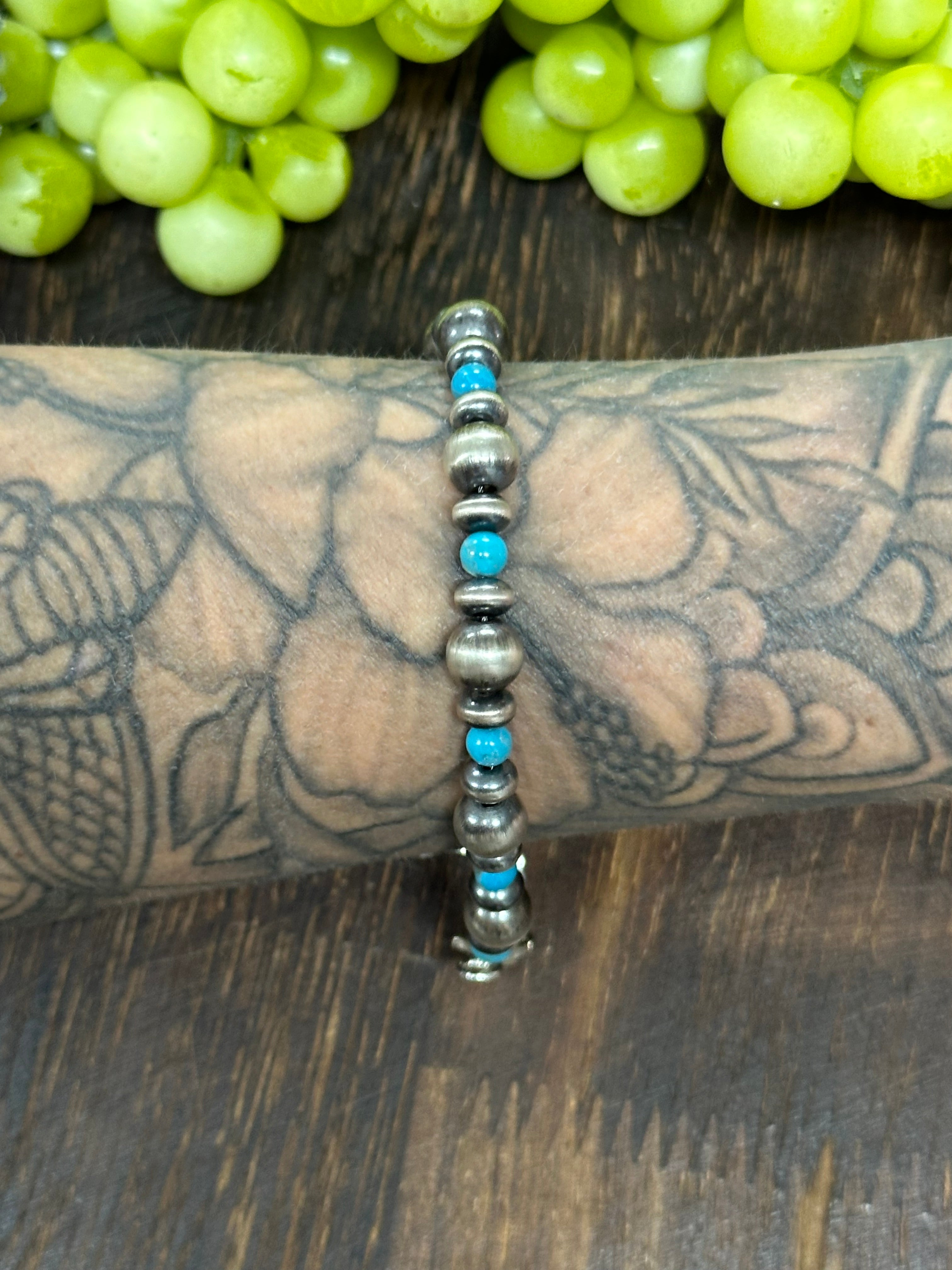 Navajo Strung Kingman Turquoise & Sterling Silver Pearl Beaded Bracelet