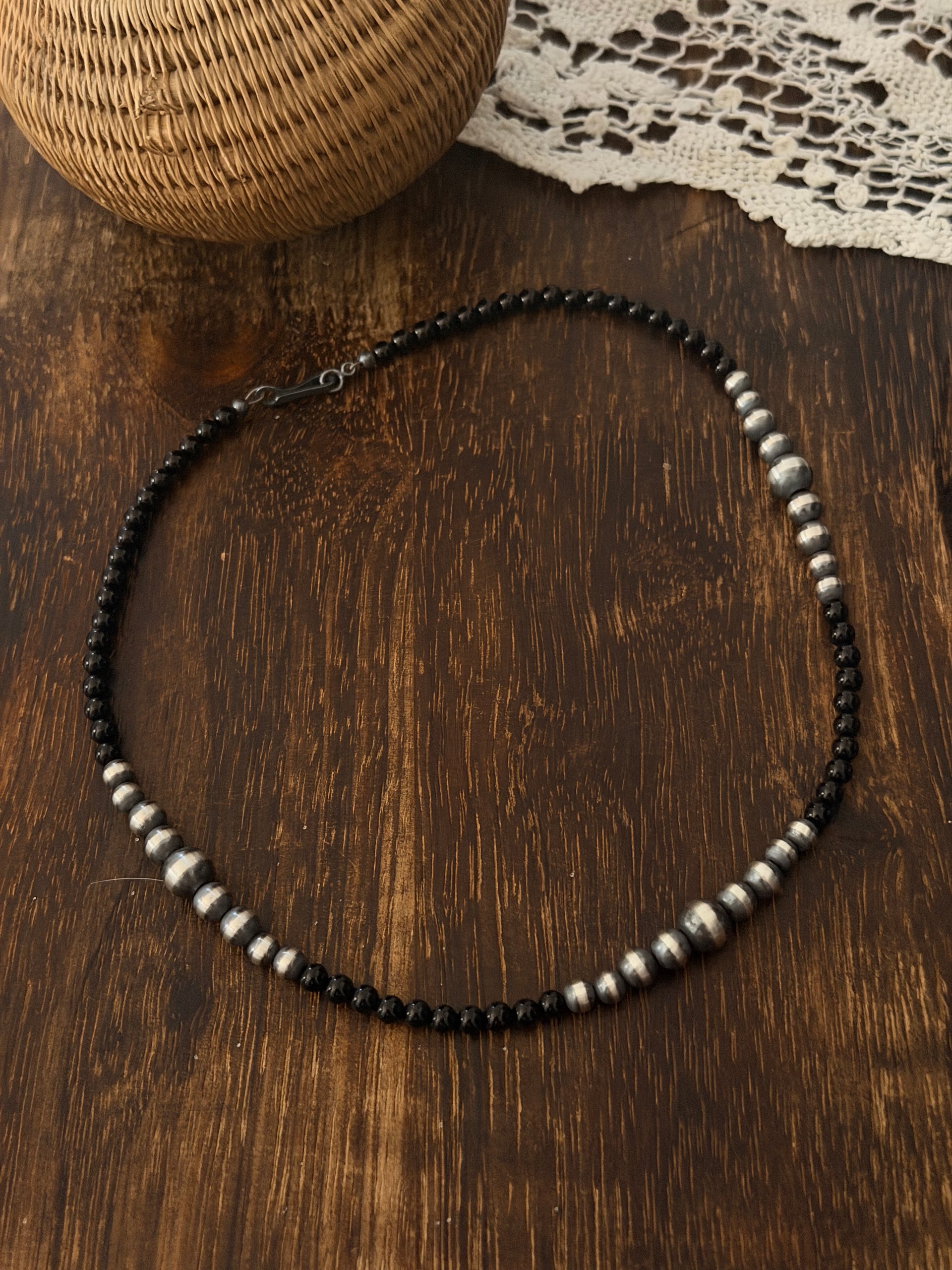 Navajo Strung Onyx & Sterling Silver Machine Made 18” Pearls Beaded Necklace