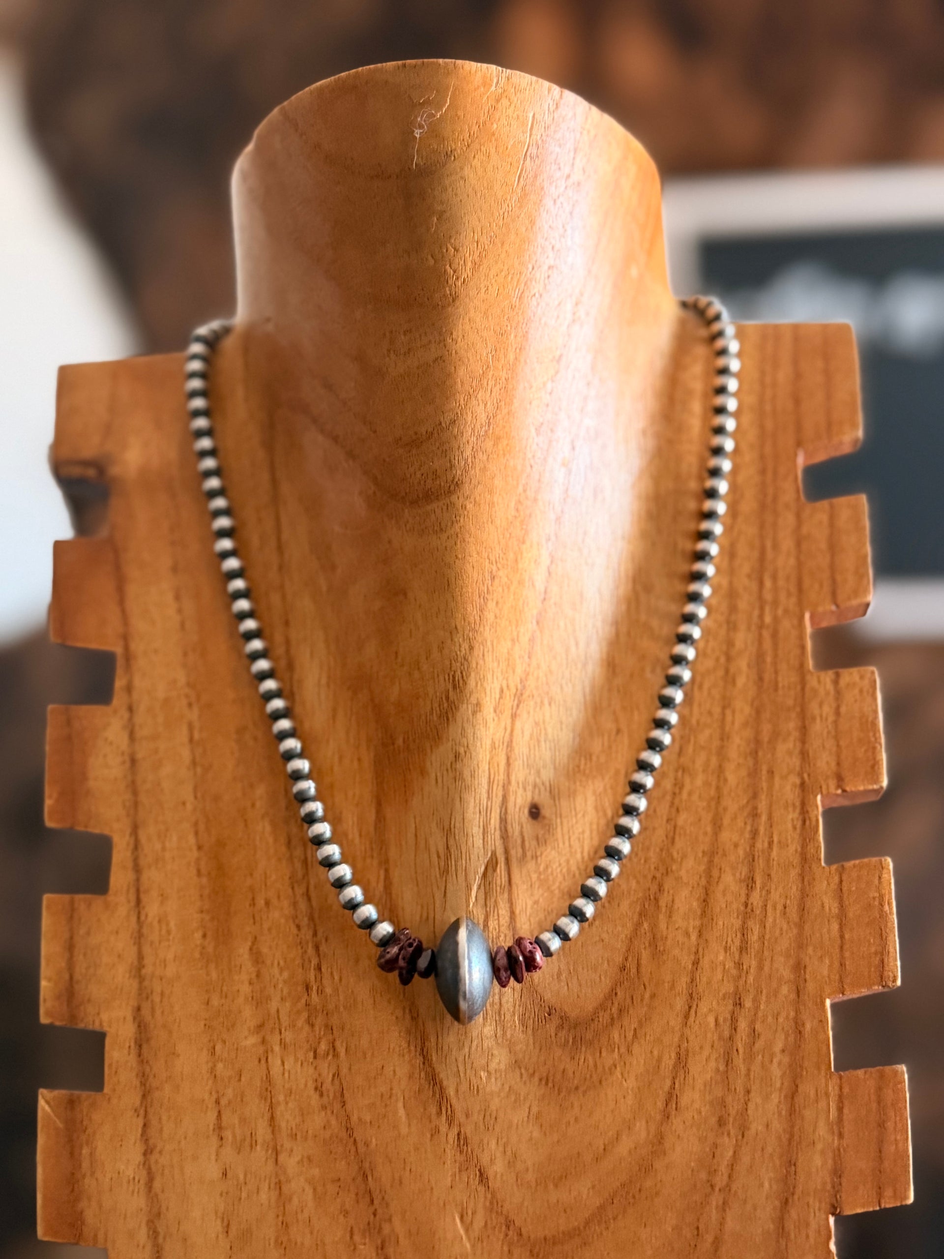 Navajo Strung Spiny Oyster & Sterling Silver Graduated & Saucer Pearl Necklace