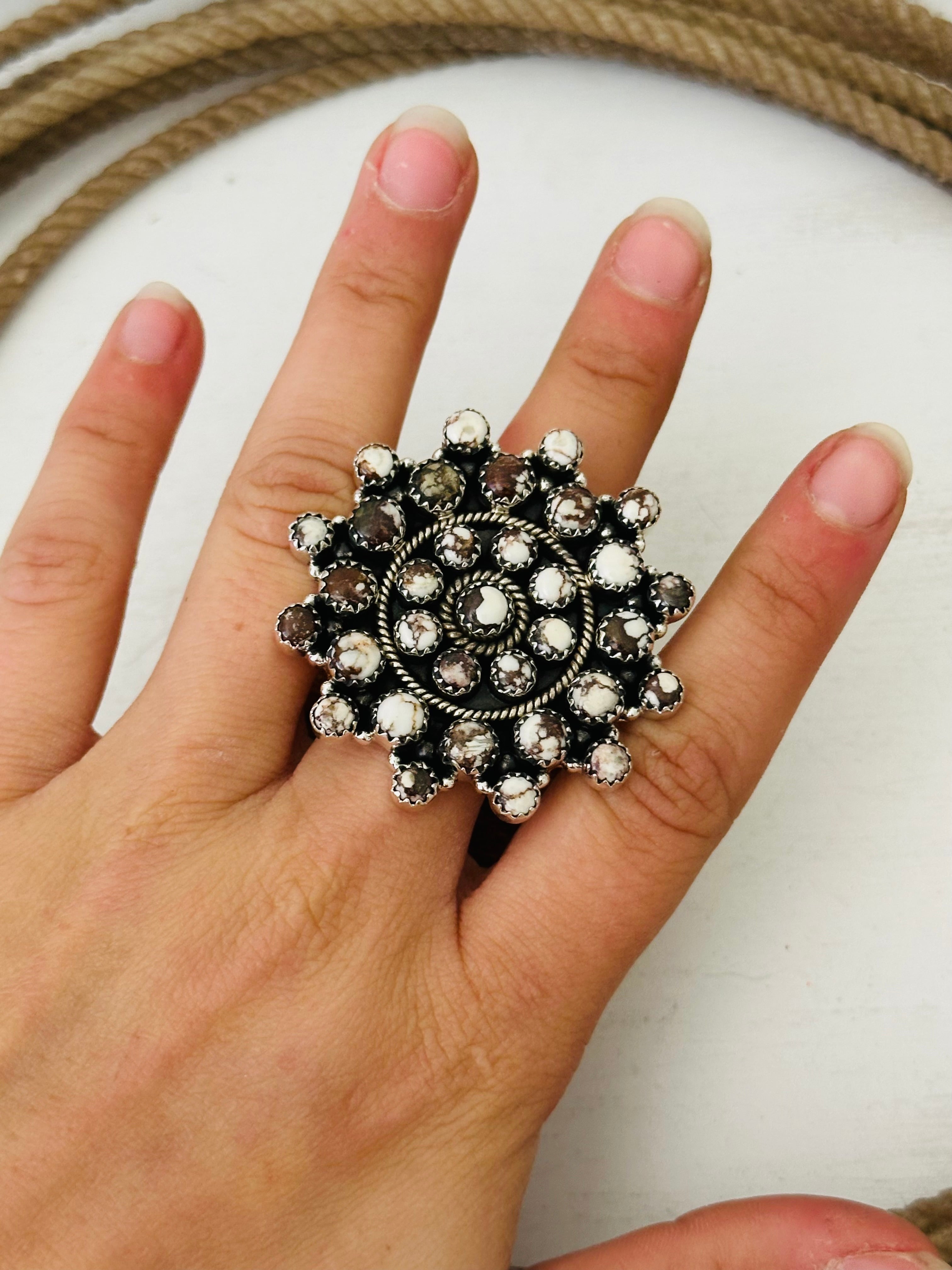 Southwest Handmade White Buffalo & Sterling Silver Adjustable Cluster Ring