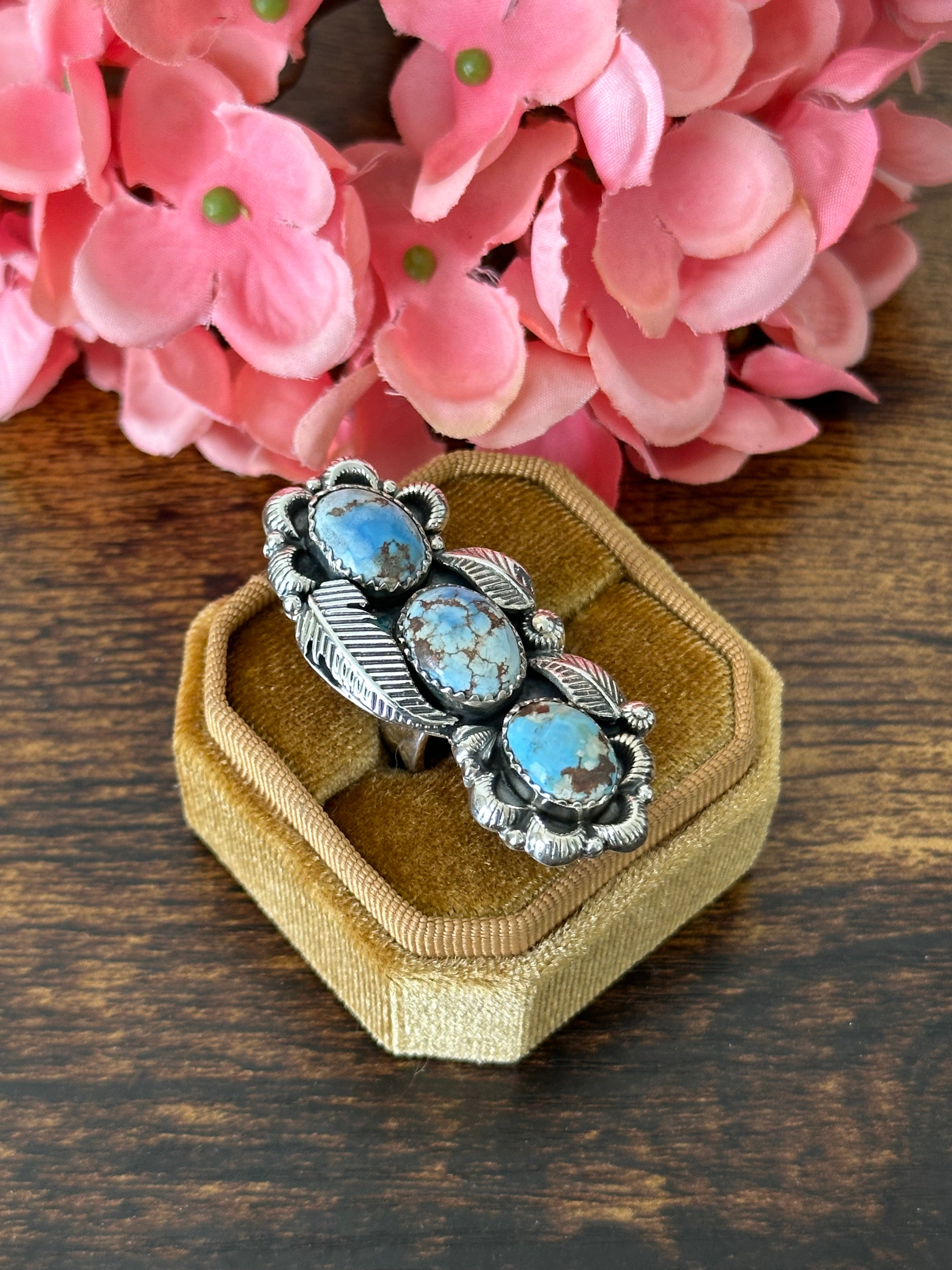 Southwest Handmade Golden Hills Turquoise & Sterling Silver Cluster Adjustable Ring