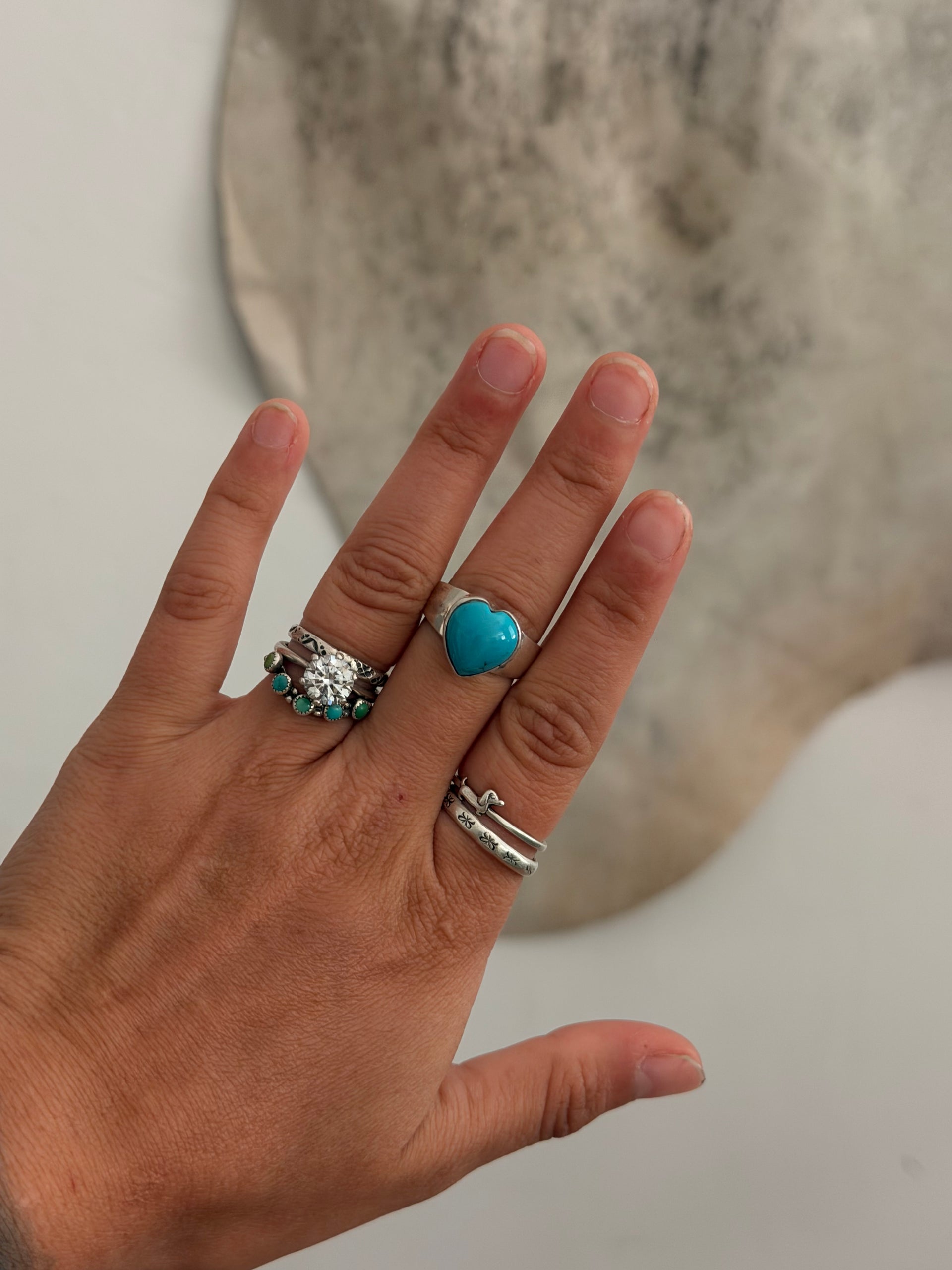 Navajo Made Kingman Turquoise & Sterling Silver Heart Ring Size 7.25