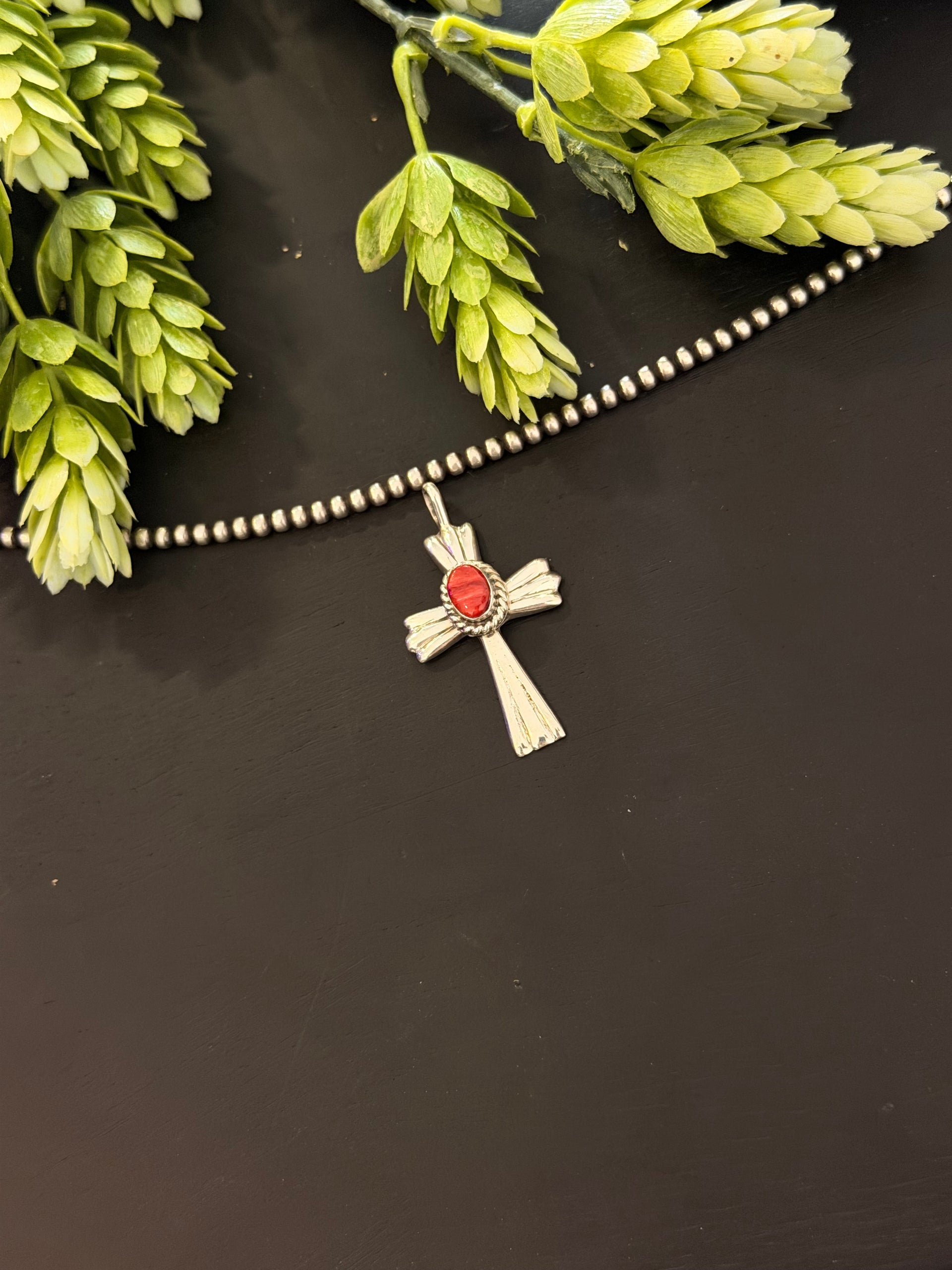 Navajo Made Red Spiny Oyster & Sterling Silver Cross Pendant
