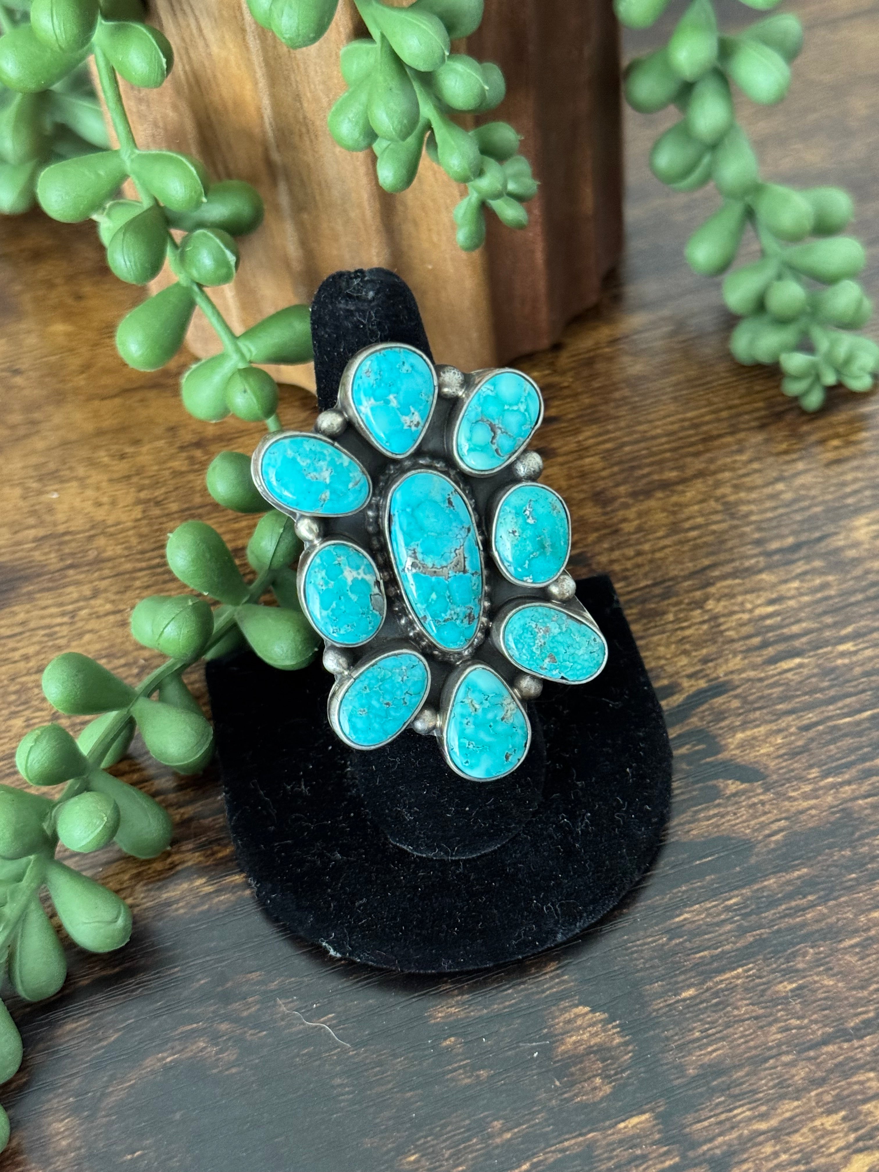 Sheila Becenti White Water Turquoise & Sterling Silver Adjustable Cluster Ring