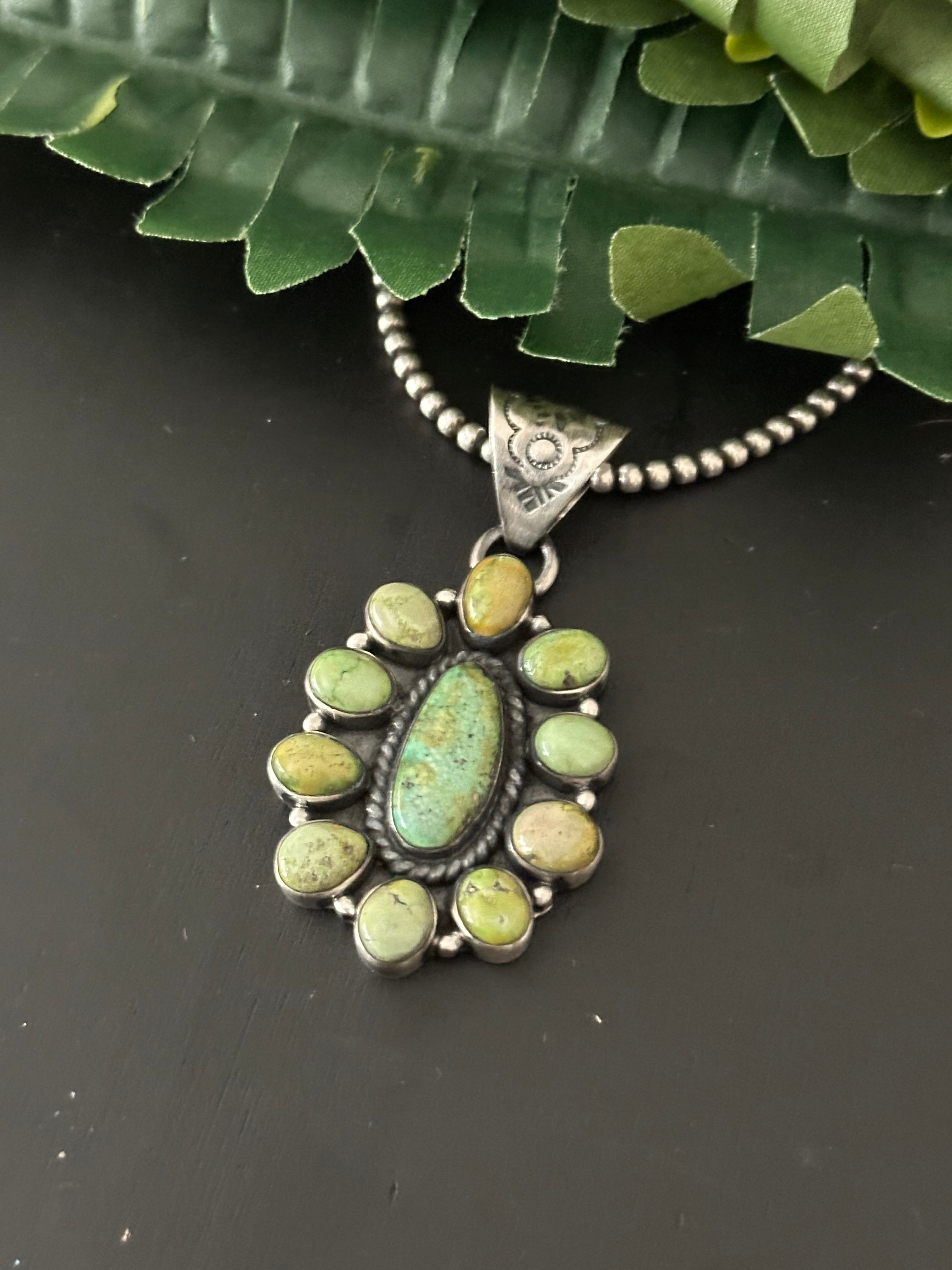 Navajo Made Sonoran Gold Turquoise & Sterling Silver Cluster Pendant