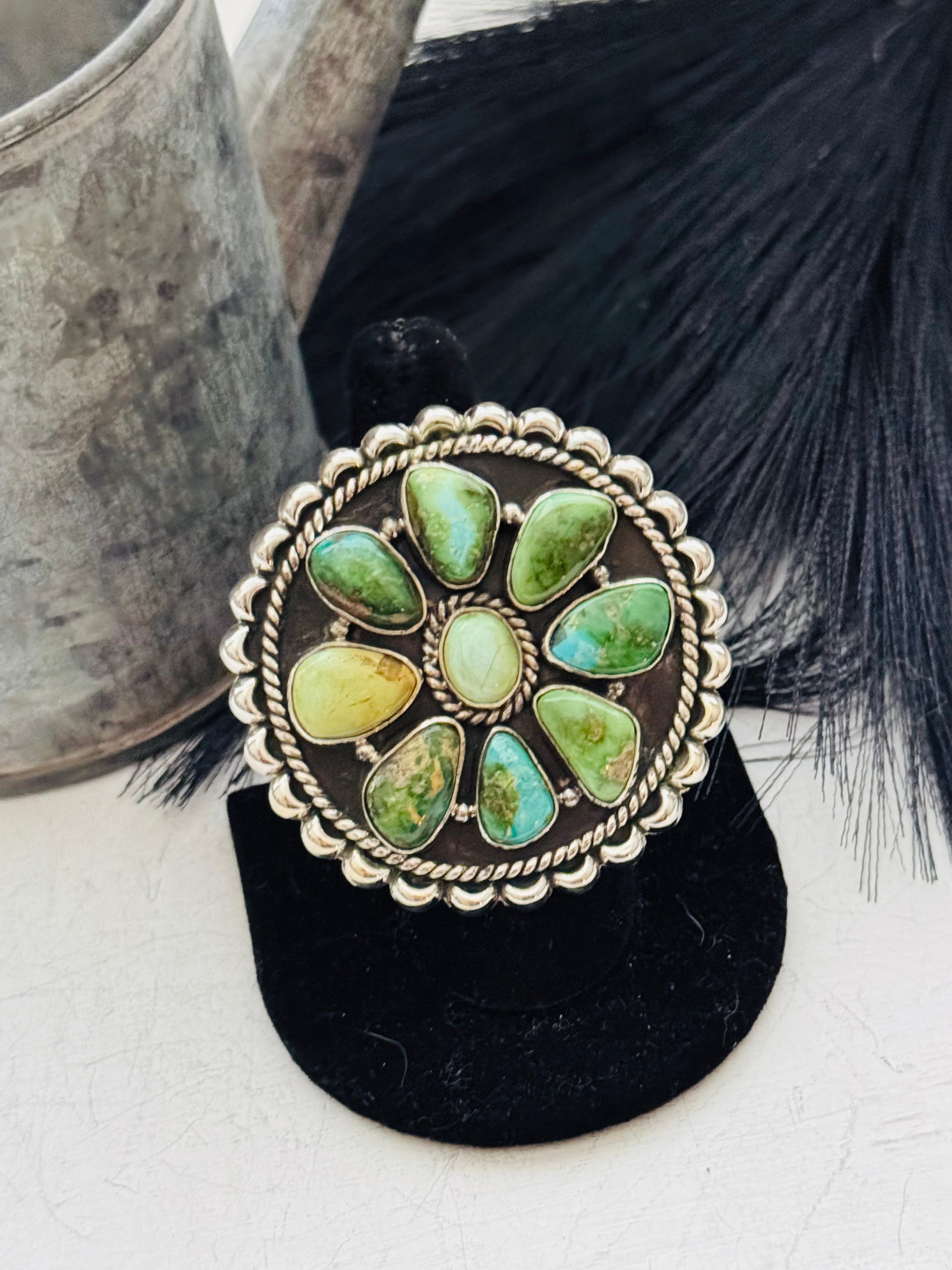 Southwest Handmade Sonoran Mountain Turquoise & Sterling Silver Adjustable Cluster Ring