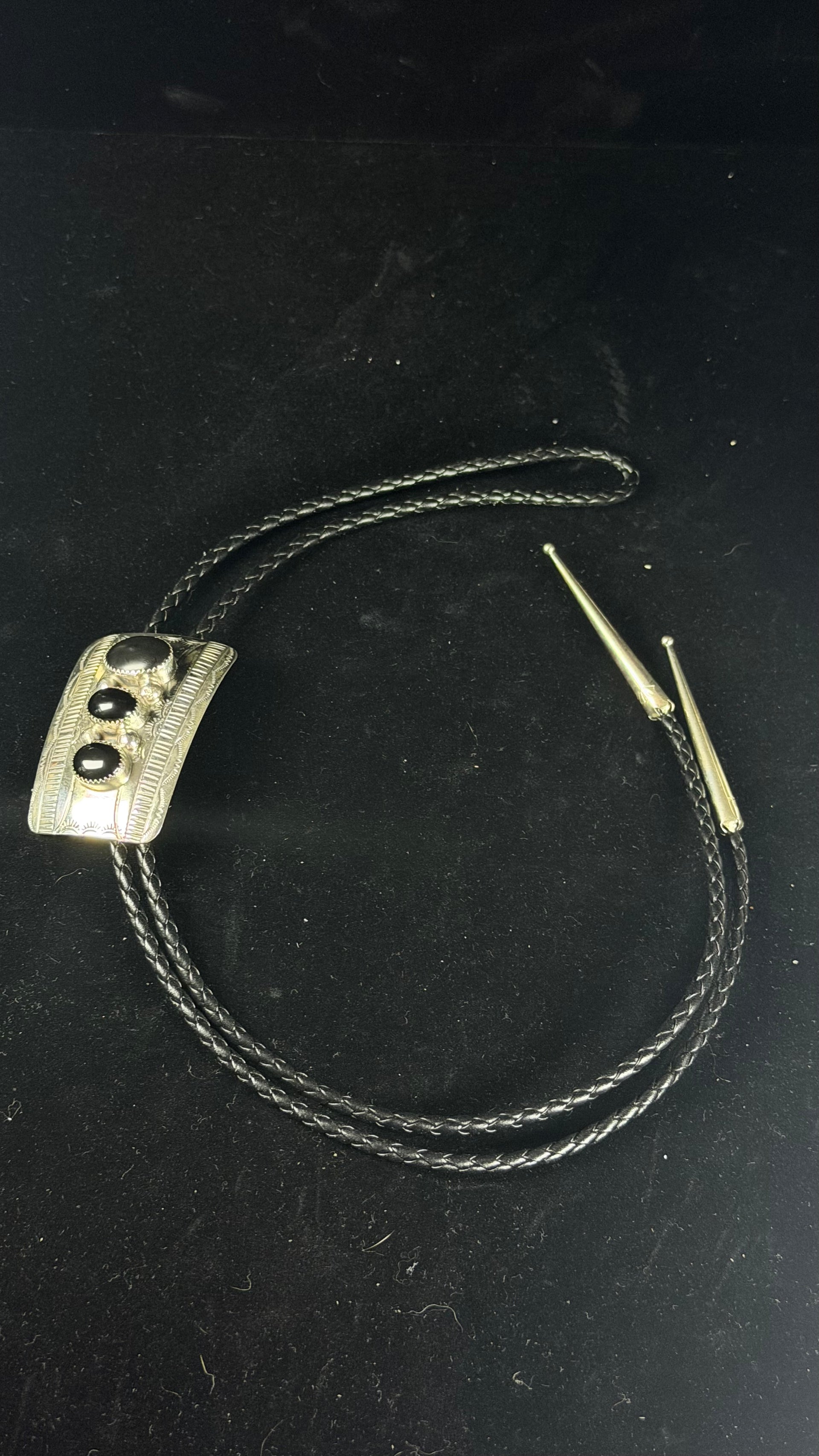 Navajo Made Onyx & Sterling Silver Bolo Tie