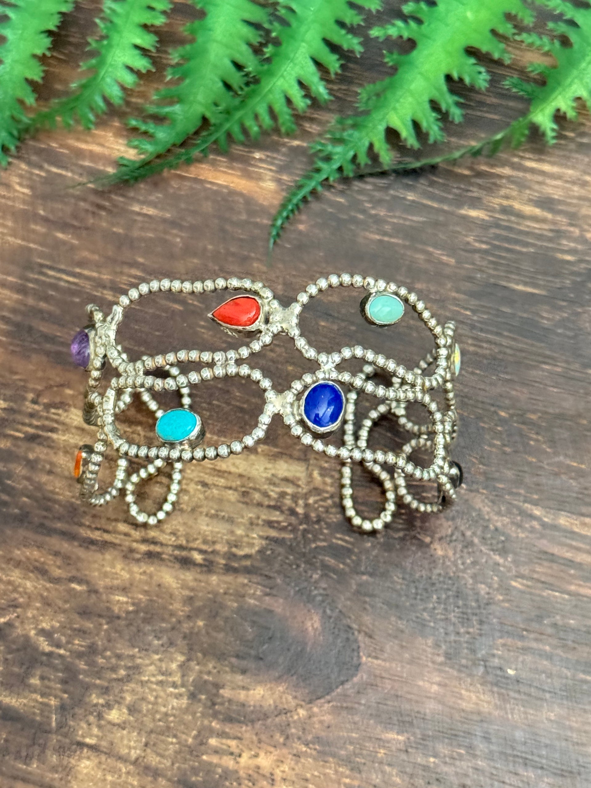 Navajo Made Multi Stone & Sterling Silver Cuff Bracelet