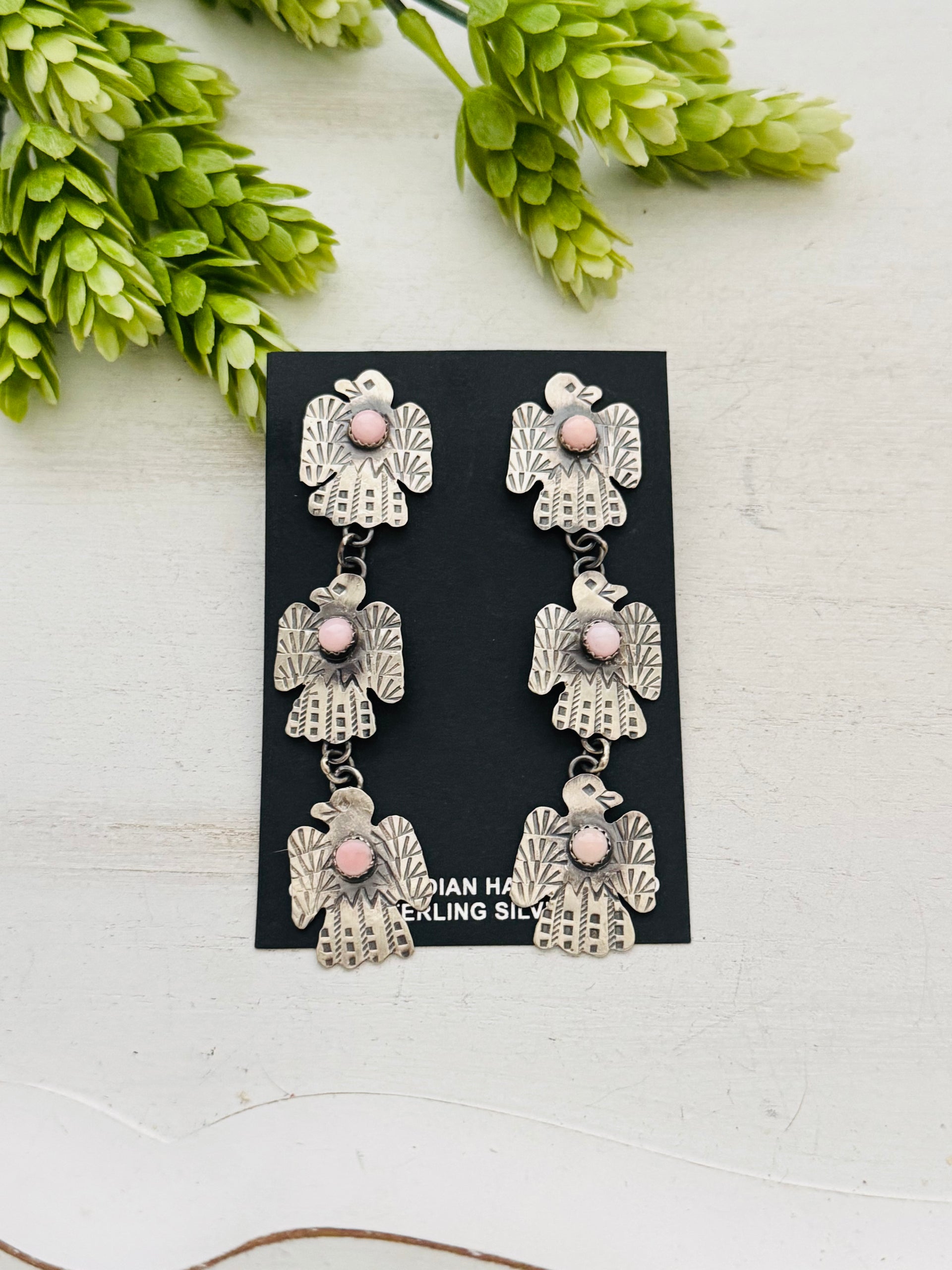 Navajo Made Pink Conch & Sterling Silver Post Dangle Thunderbird Earrings