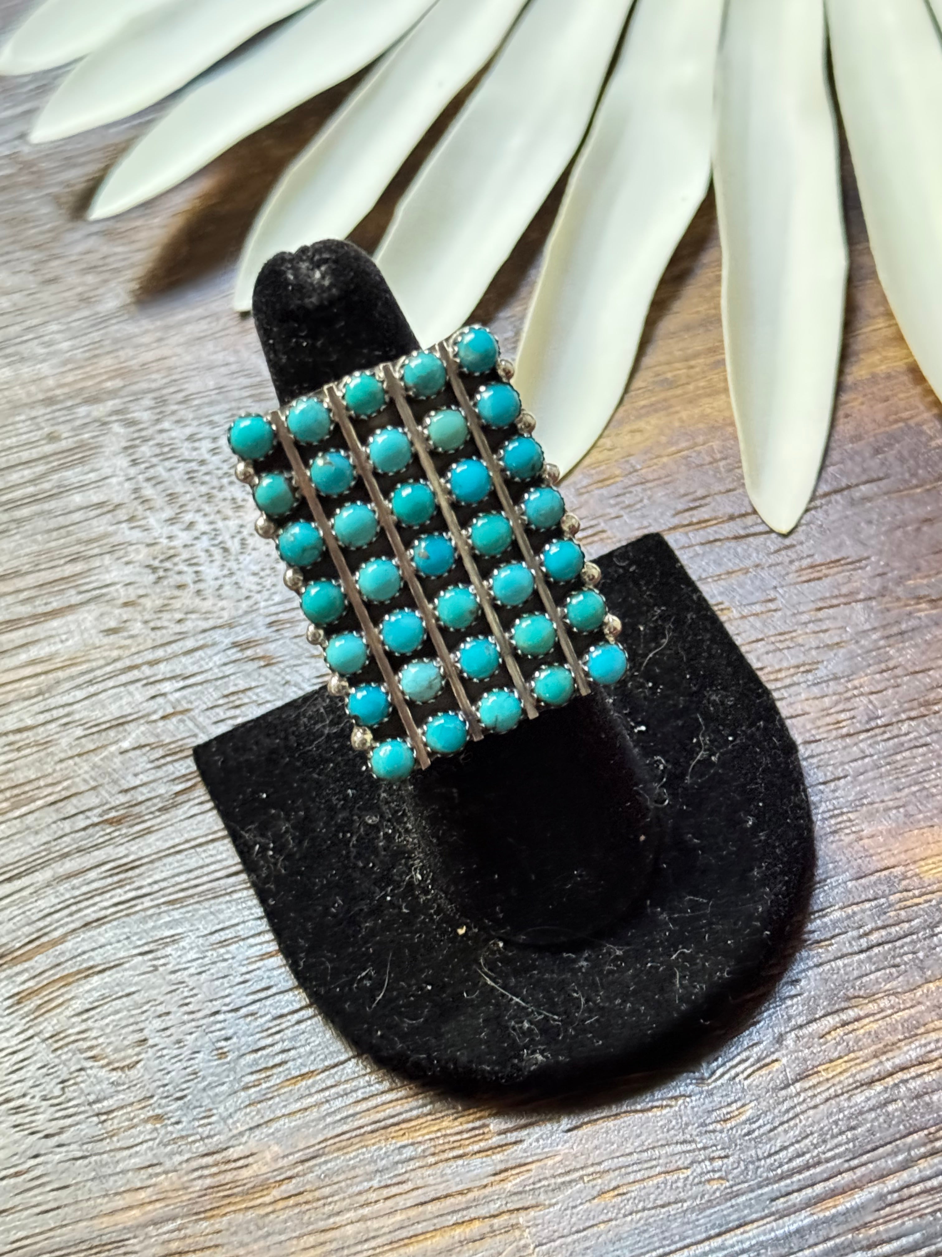 Navajo Made Kingman Turquoise & Sterling Silver Cluster Ring Size 6.75