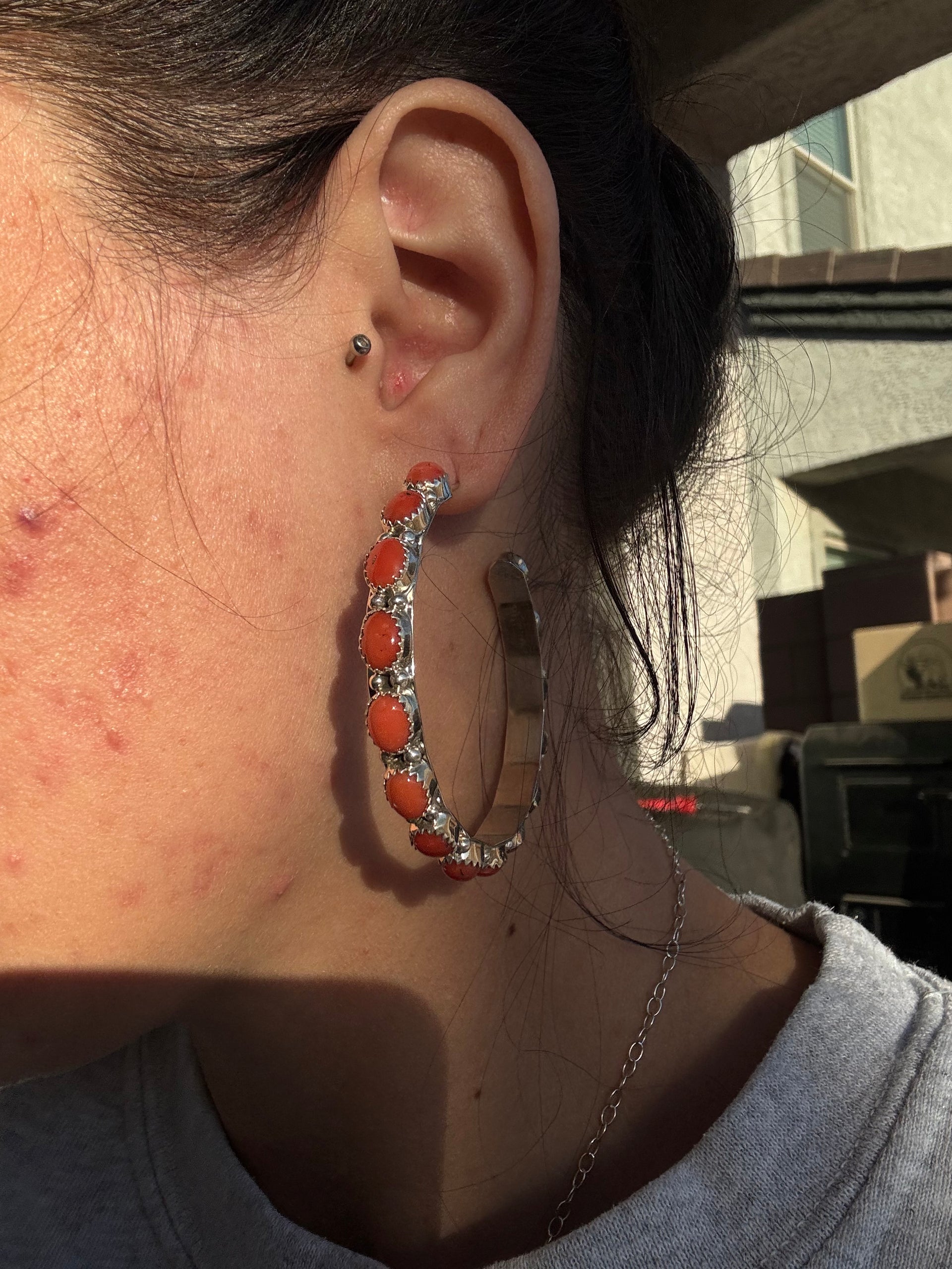 Navajo Made Coral & Sterling Silver Hoop Earrings