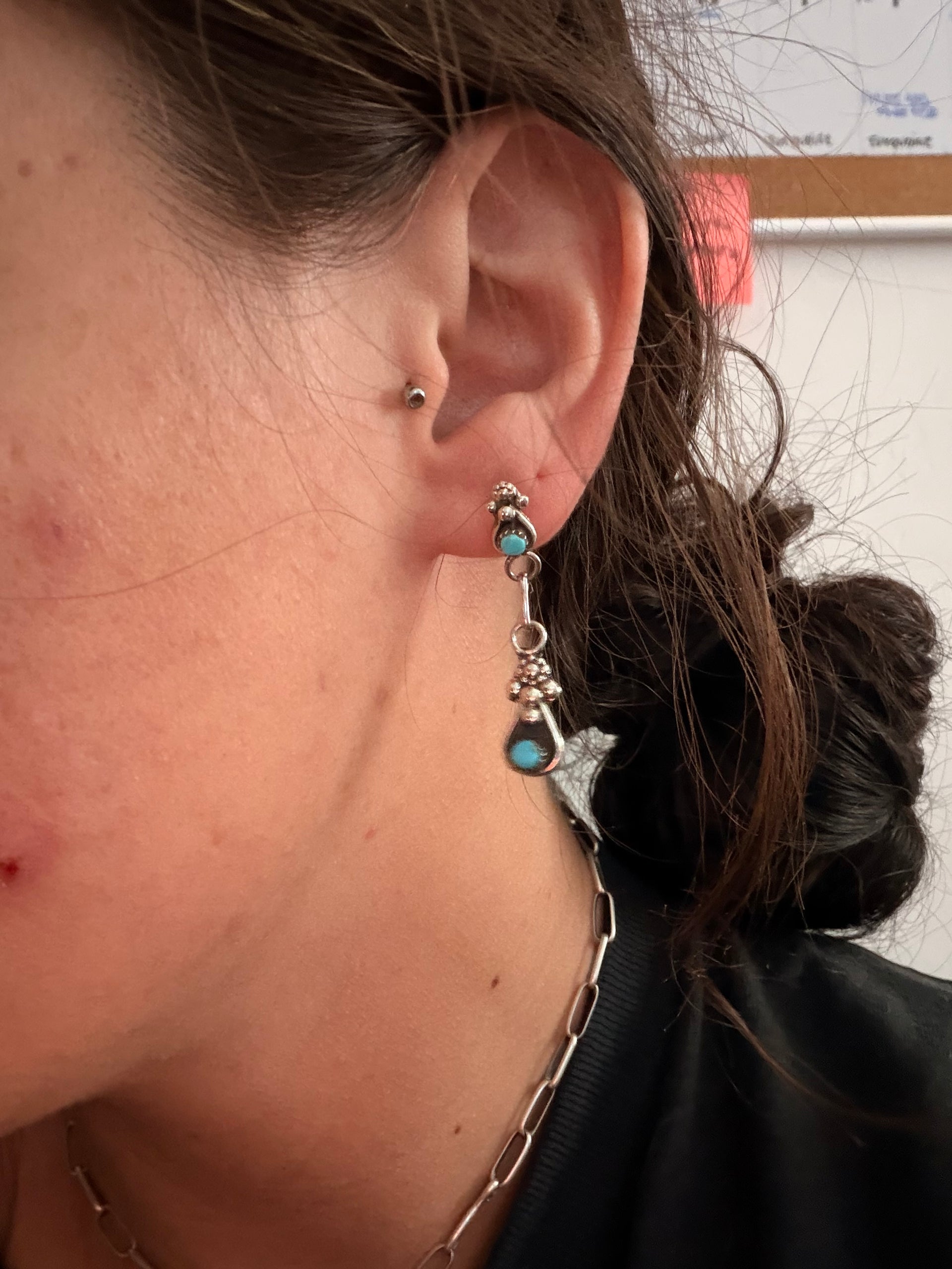 Zuni Made Kingman Turquoise & Sterling Silver Post Dangle Earrings
